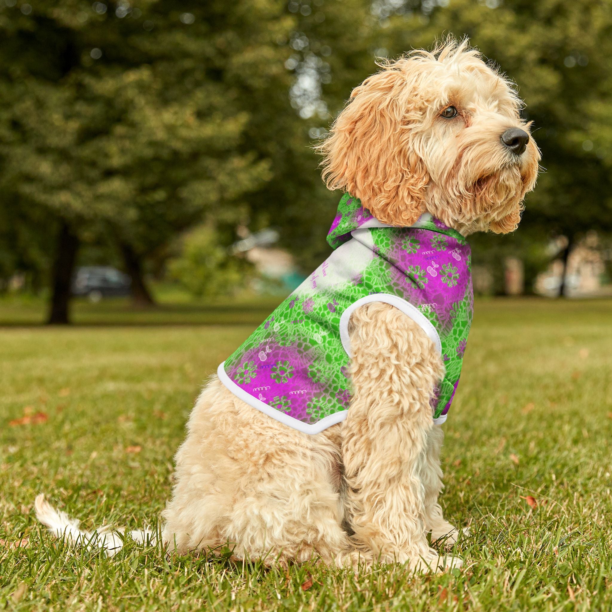 Pet Hoodie — Floral Green & Pink Heart Design with Psalm 23:6 Quote