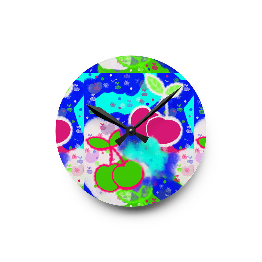 Colorful Cherry Pop Acrylic Wall Clock — Retro Fruit Kitchen Decor