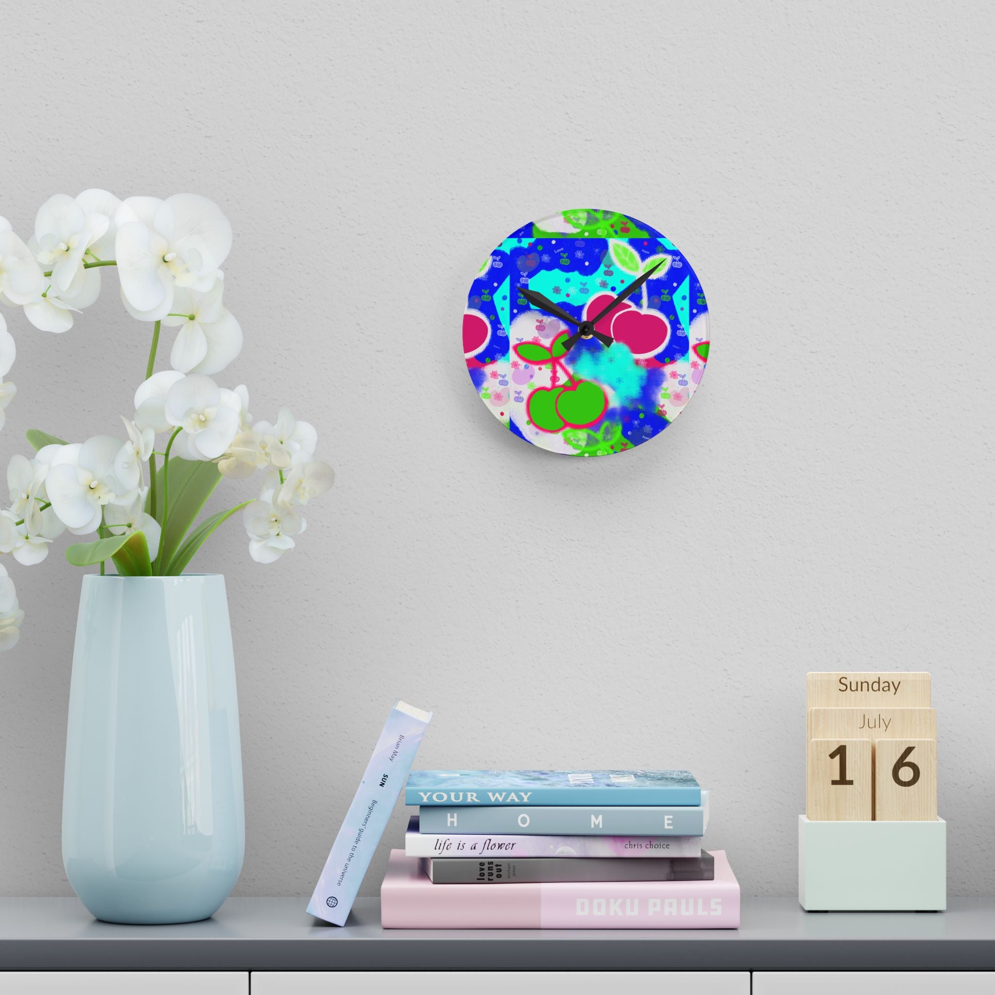 Colorful Cherry Pop Acrylic Wall Clock — Retro Fruit Kitchen Decor