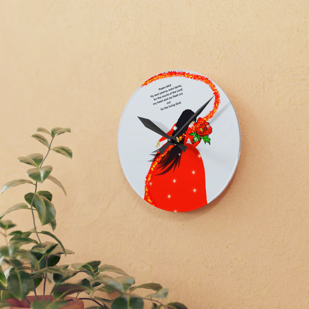 Acrylic Wall Clock — Red Cloak Floral Woman with Psalm 46 Verse