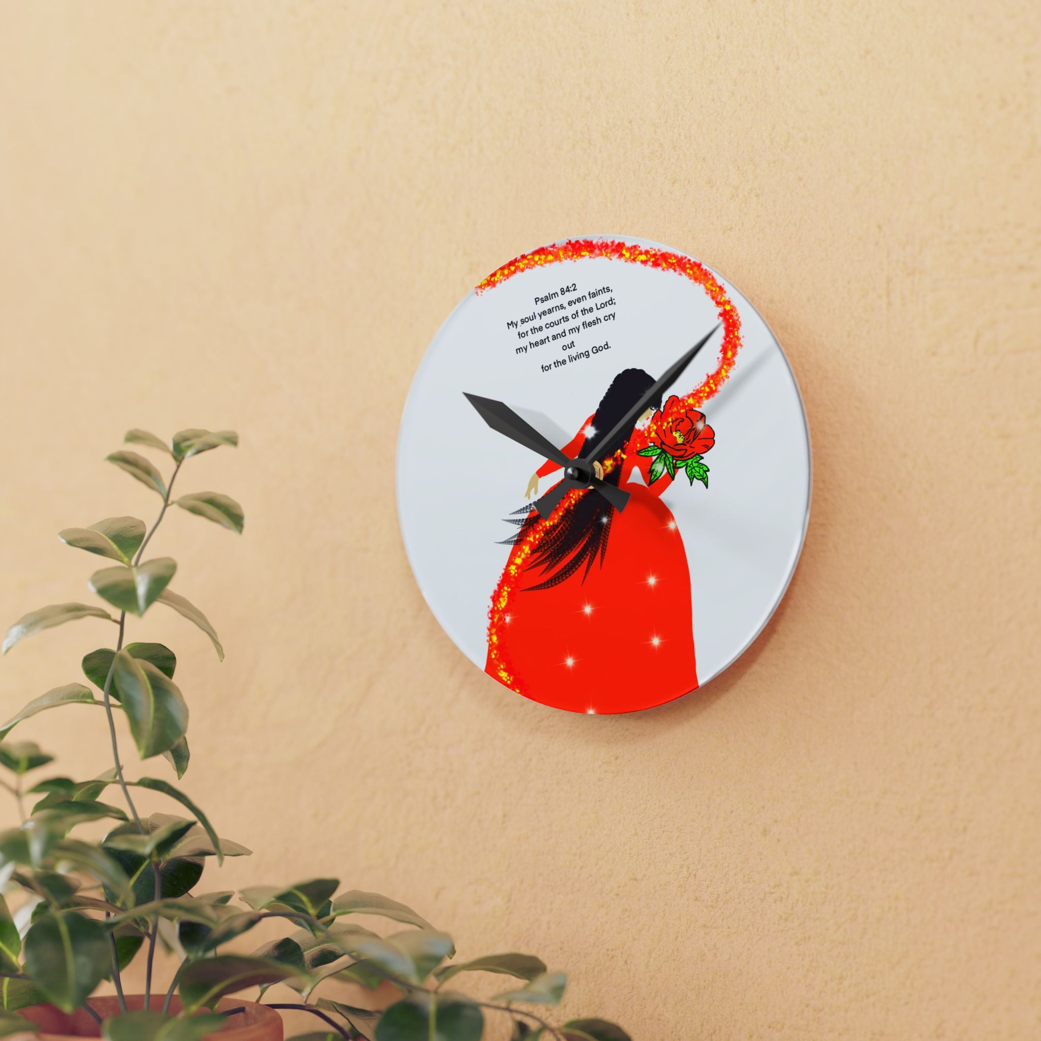 Acrylic Wall Clock — Red Cloak Floral Woman with Psalm 46 Verse