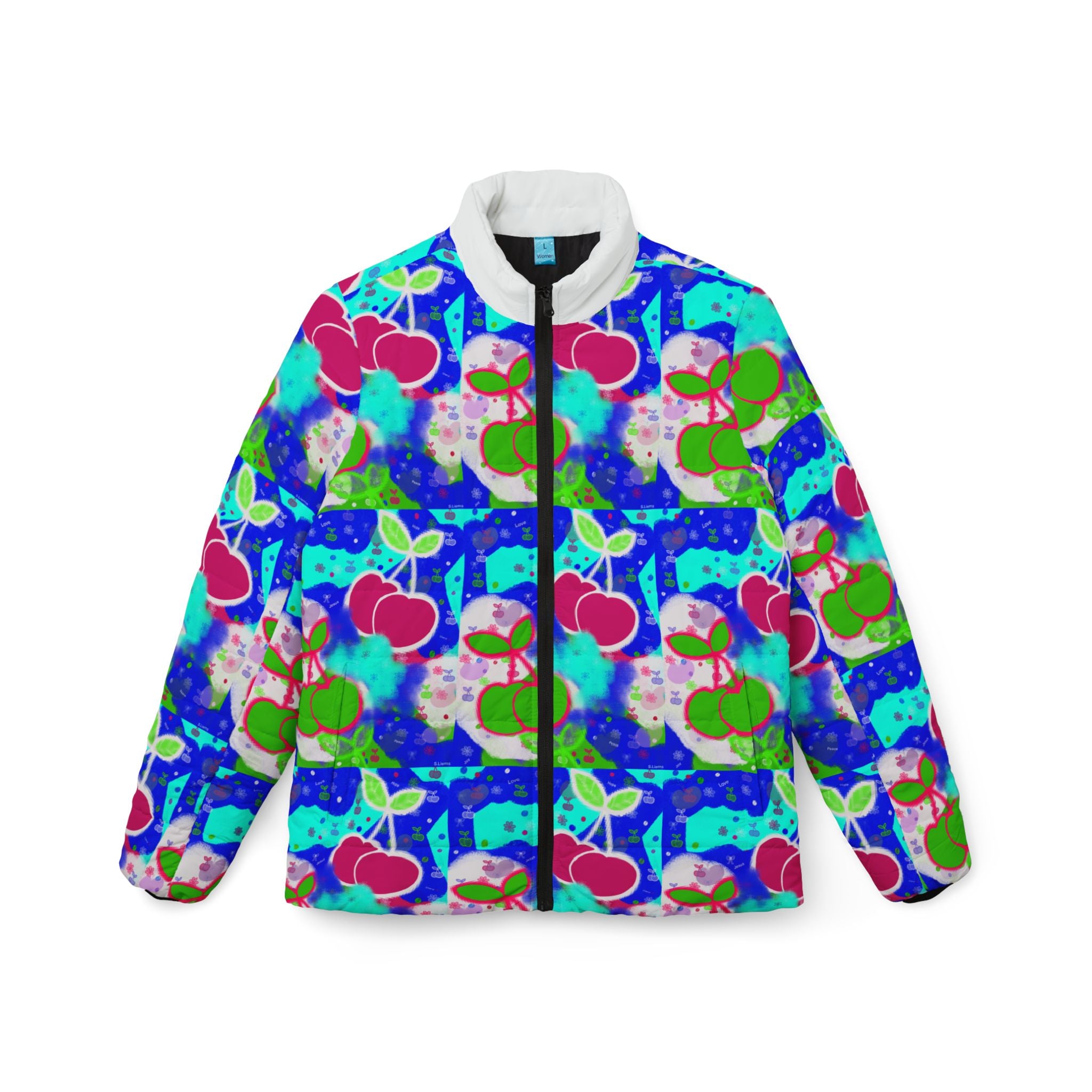 Cherry Pop Women’s Puffer Jacket — Colorful Retro Fruit Print AOP