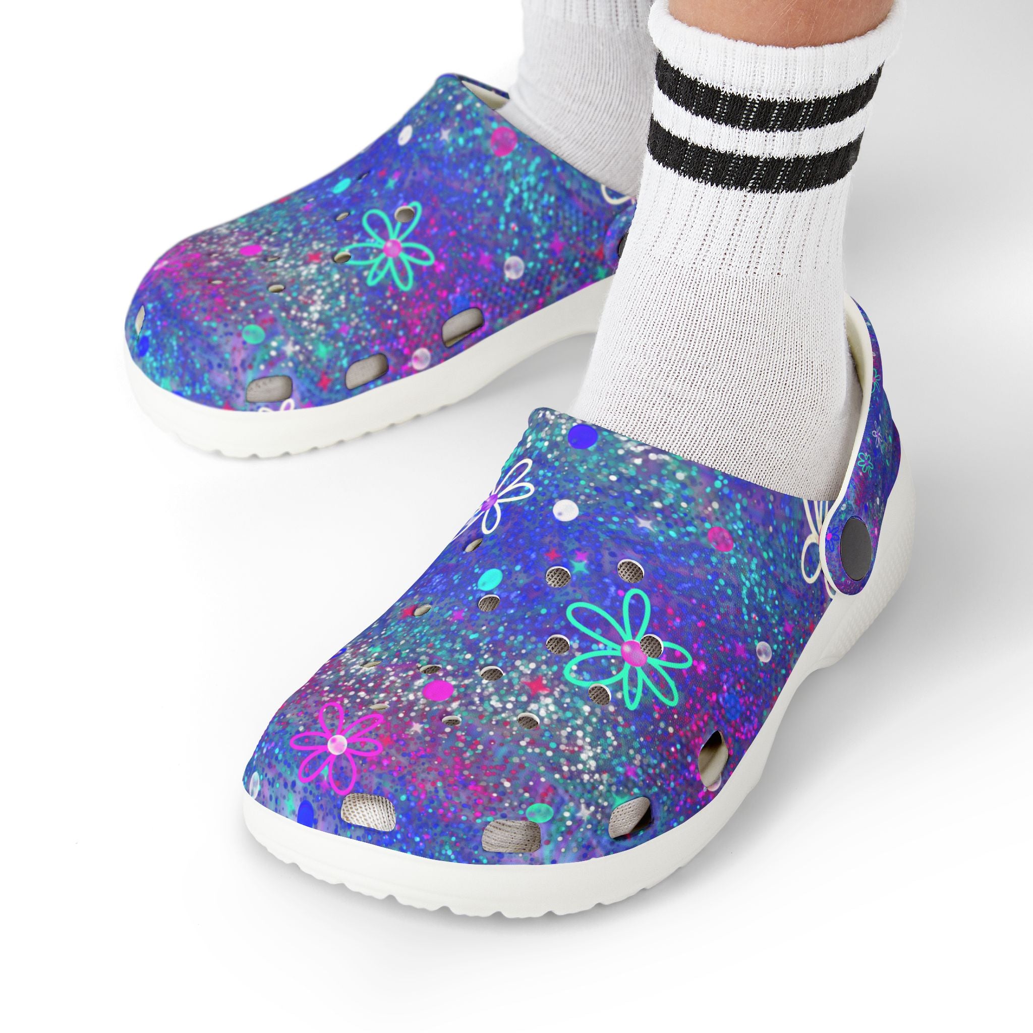 Kids Floral Galaxy EVA Foam Clogs — Purple Sparkle All-Over Print