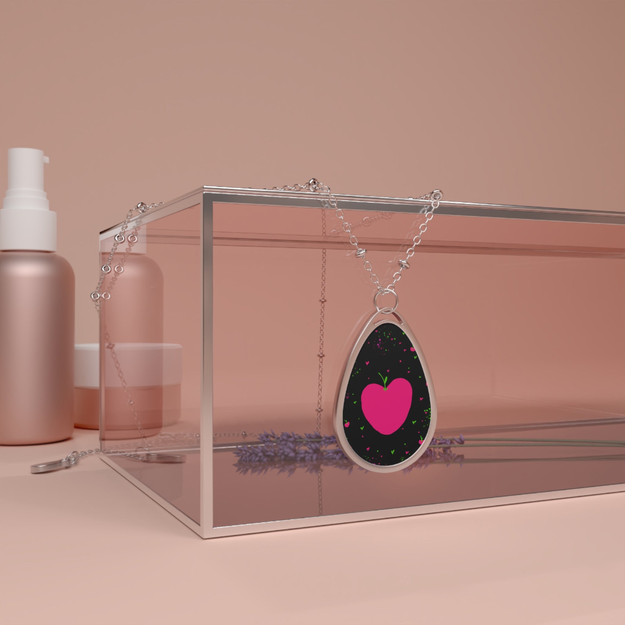 Heart Apple Oval Necklace — Pink Heart Pendant on Black Stardust Background