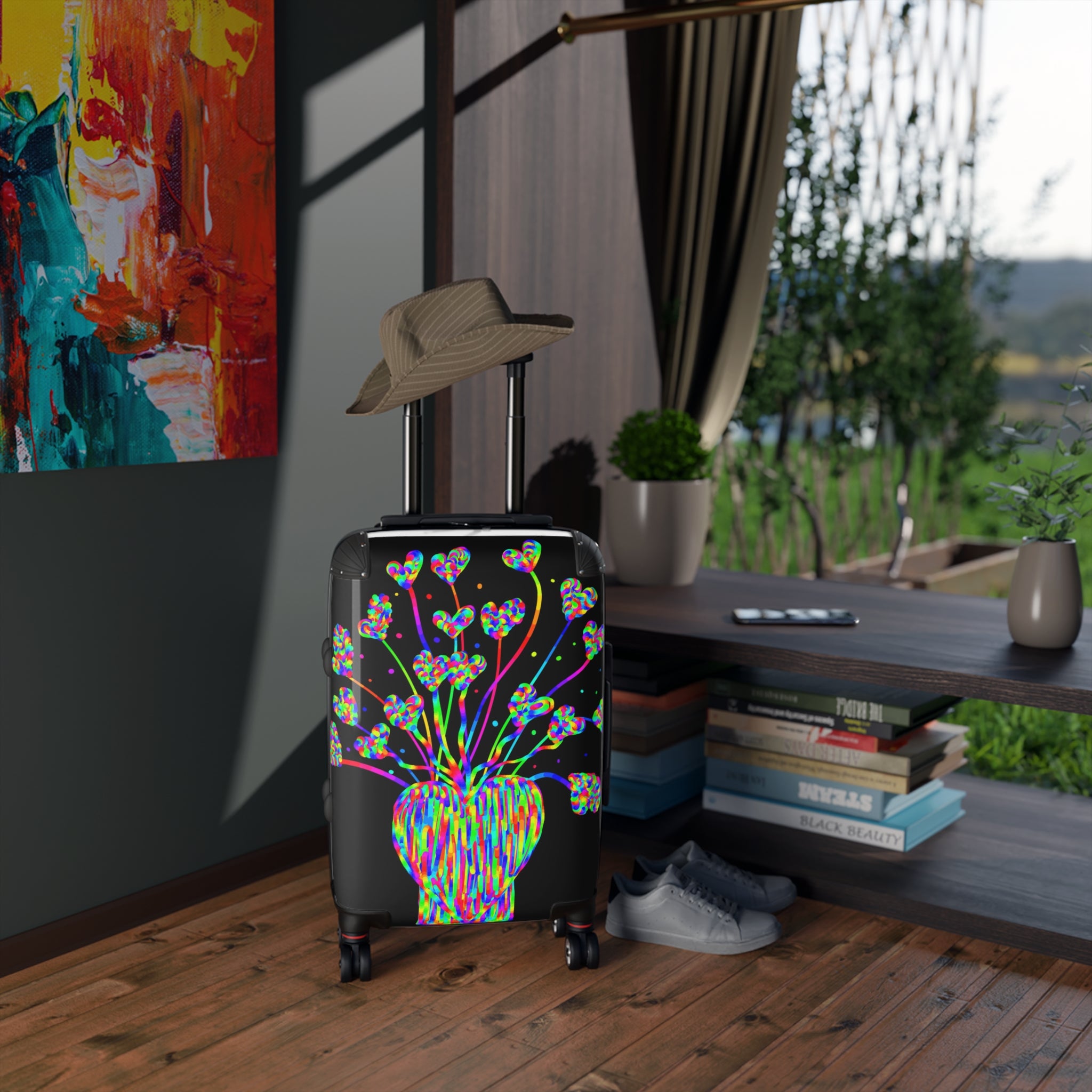 Vibrant Heart Bouquet Carry-On Suitcase — Neon Floral Travel Luggage