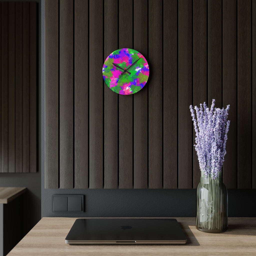 Vibrant Floral Acrylic Wall Clock — Bright Pink & Green Leaf Pattern