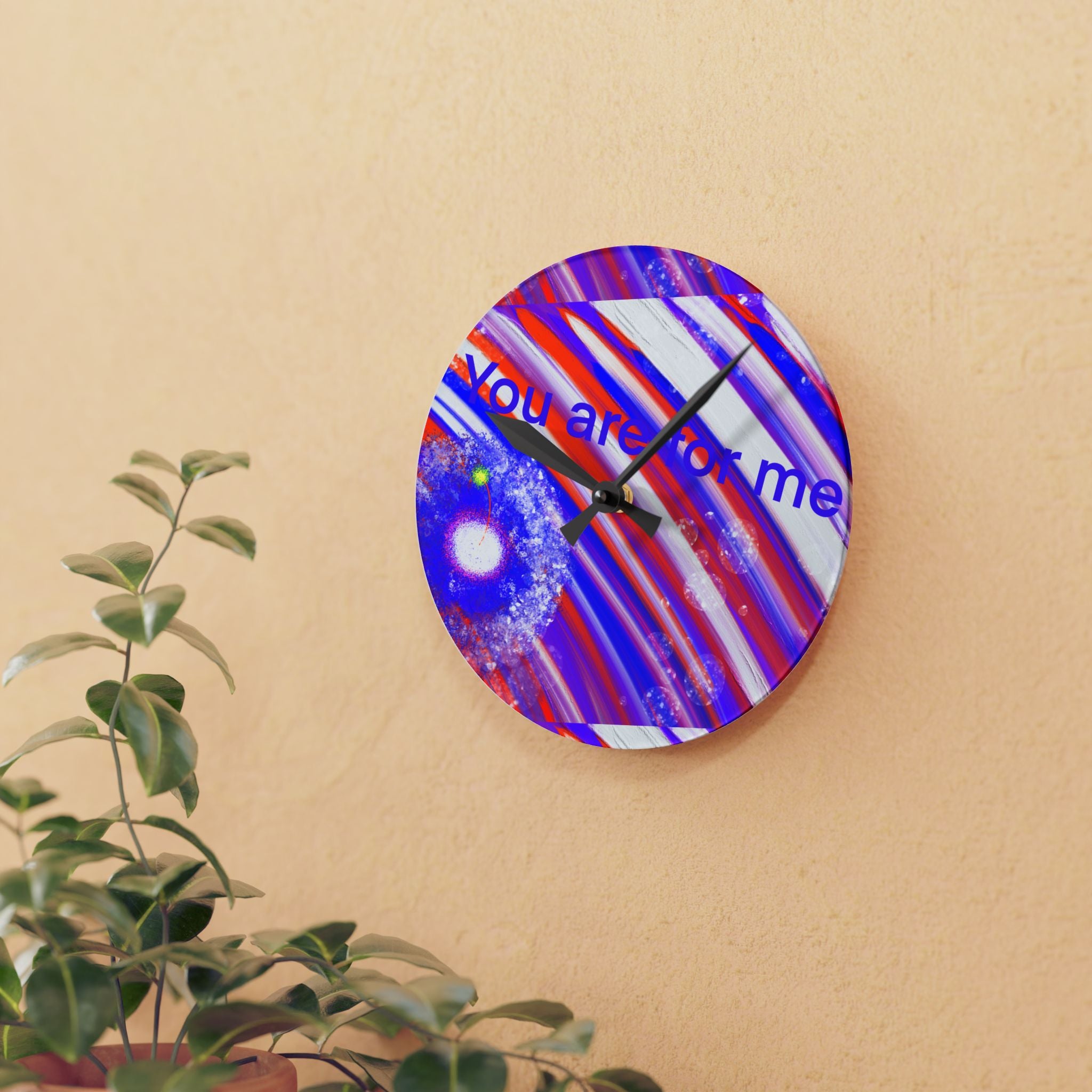 Acrylic Wall Clock — Colorful Cosmic Stripes Clock with "you are for me" Text