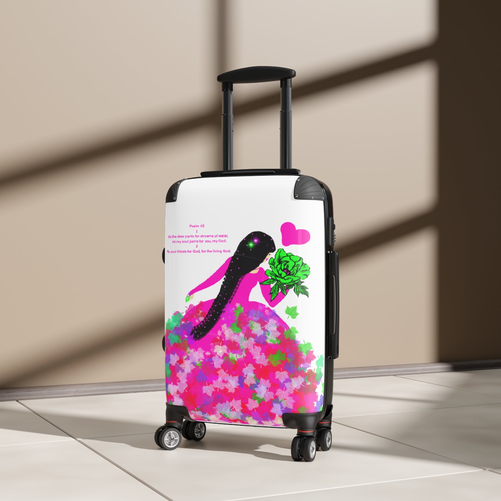 Floral Stiletto Carry-On Suitcase – Pink Heart & Green Bow Travel Luggage
