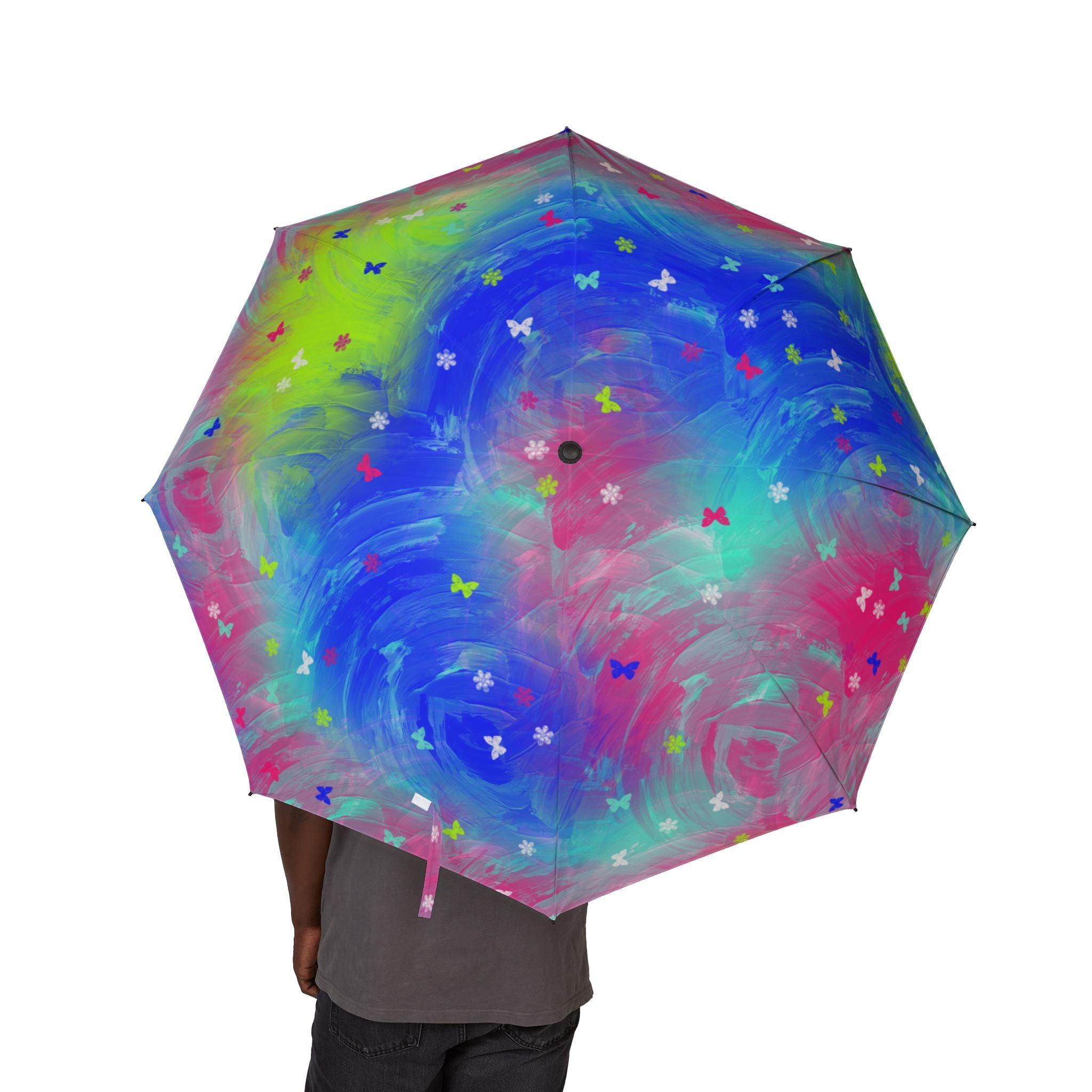 Foldable Umbrella - Colorful Watercolor Butterfly Print, Semi-Automatic Compact Rain Umbrella