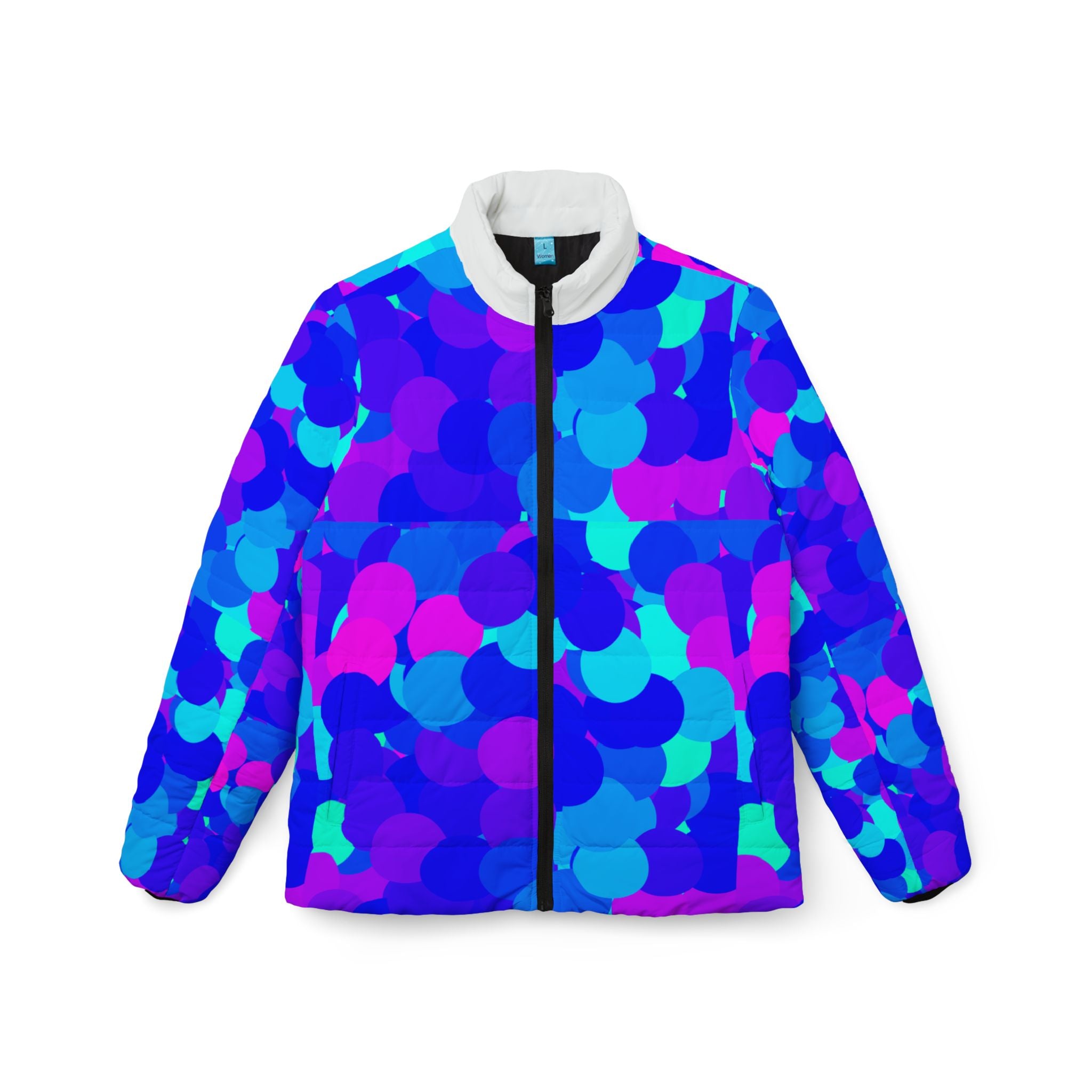 Women’s Puffer Jacket — Vibrant Blue & Purple Confetti All-Over Print