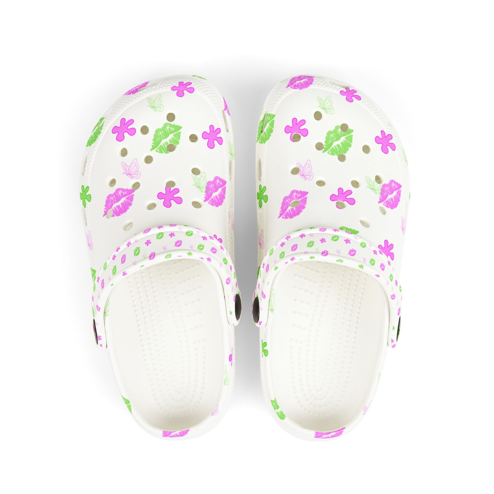 Kids Floral & Lips EVA Foam Clogs — Pink & Green Patterned Slip-On Sandals