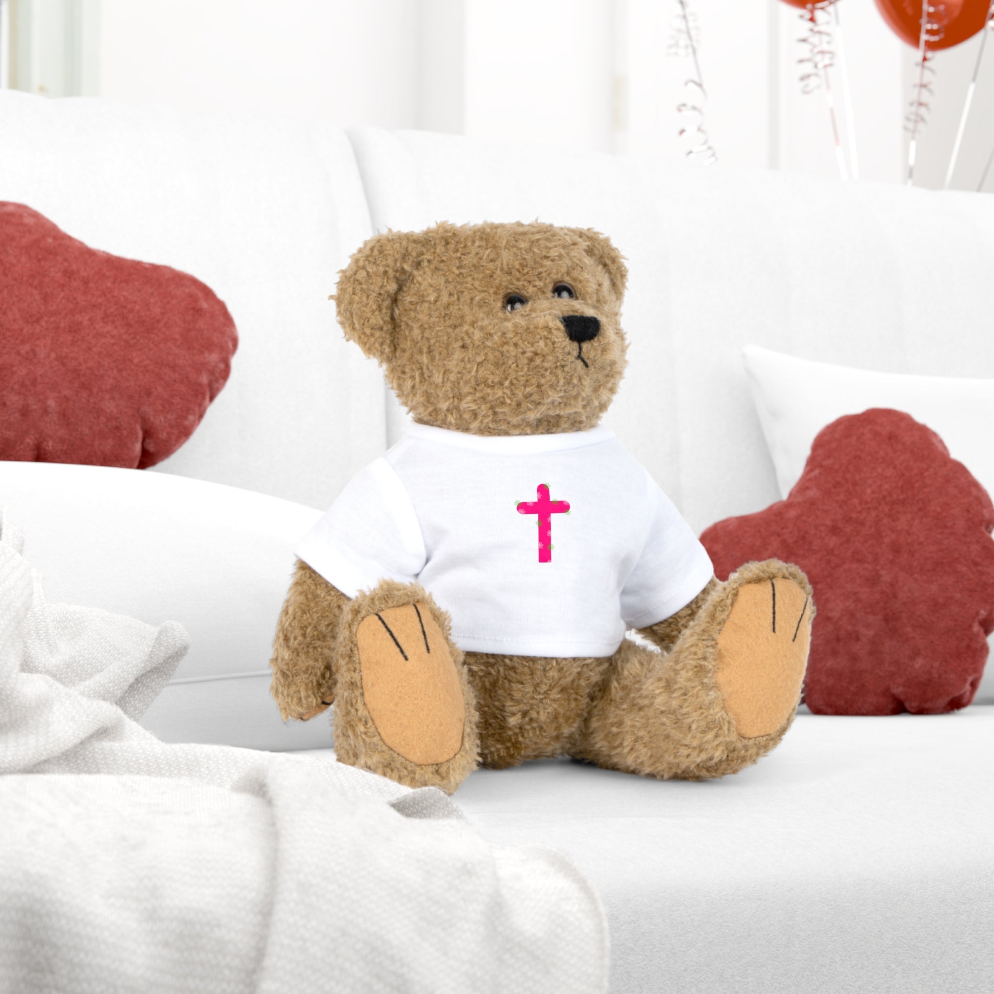 Religious Teddy Bear Plush with Pink Cross T‑Shirt
