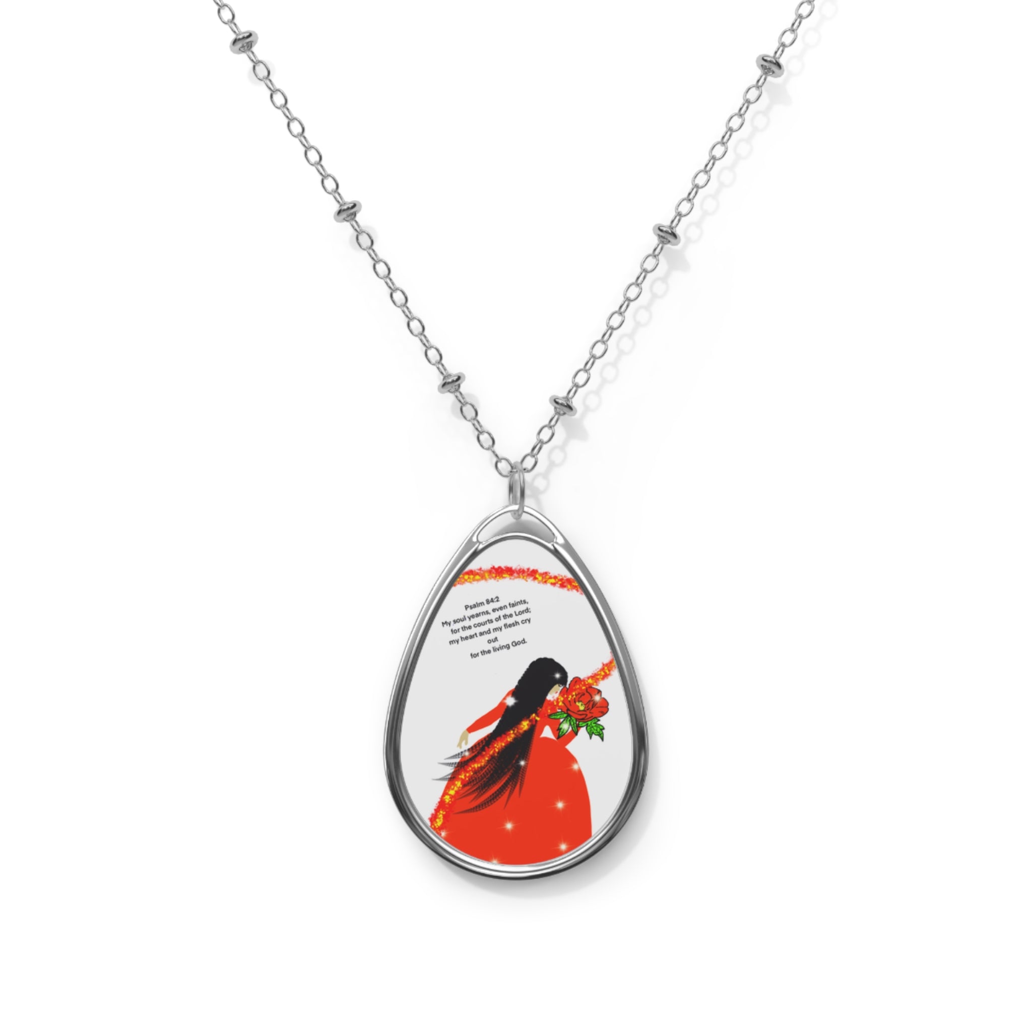 Oval Pendant Necklace — Red Winter Dress Illustration