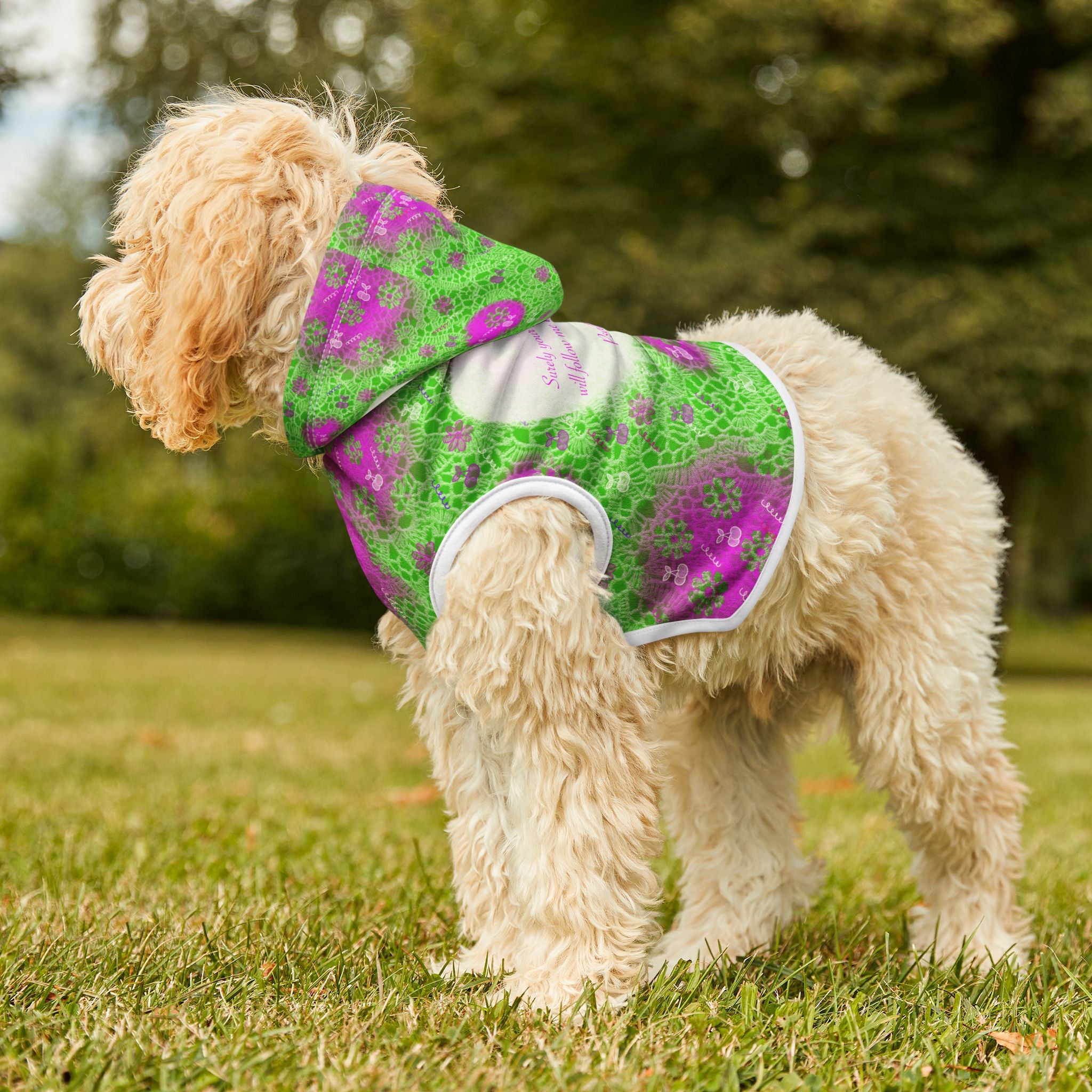 Pet Hoodie — Floral Green & Pink Heart Design with Psalm 23:6 Quote