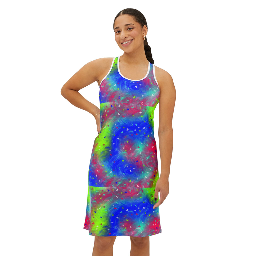 Tie-Dye Galaxy Racerback Dress — Vibrant Neon Spiral AOP