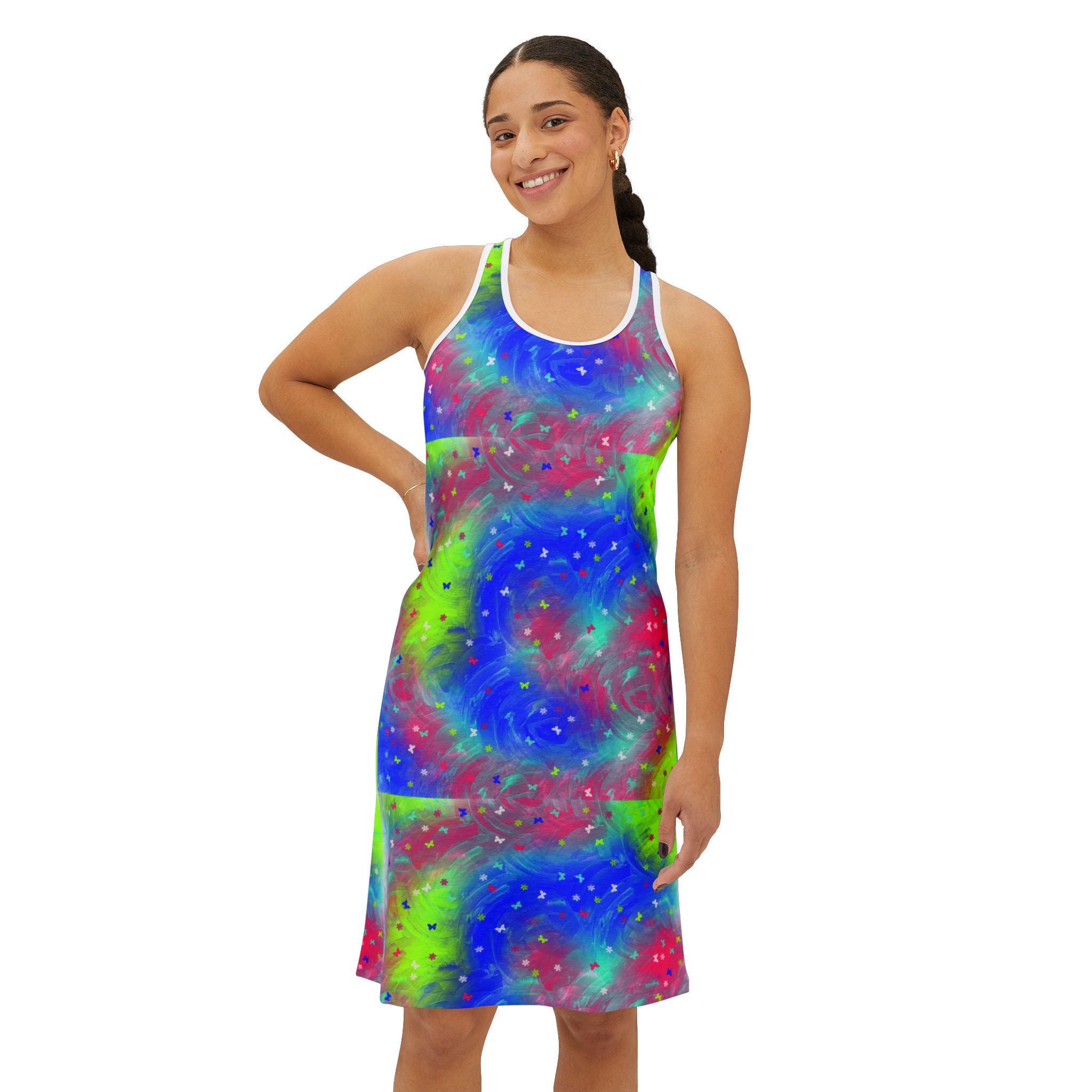Tie-Dye Galaxy Racerback Dress — Vibrant Neon Spiral AOP