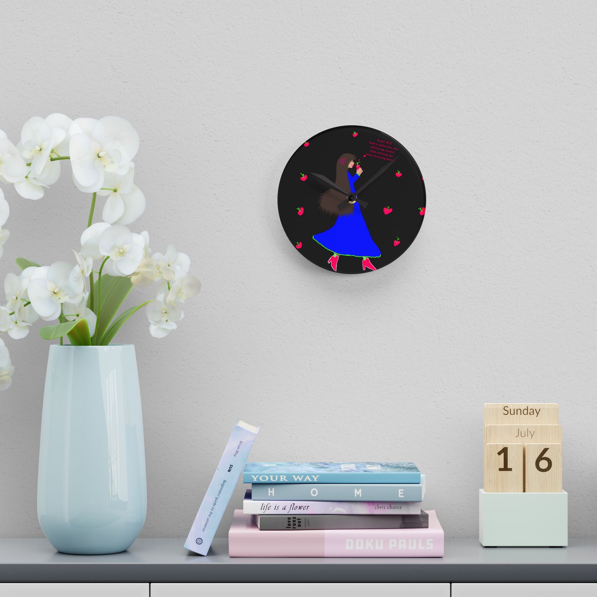 Acrylic Wall Clock — Whimsical Girl with Apples Illustration
