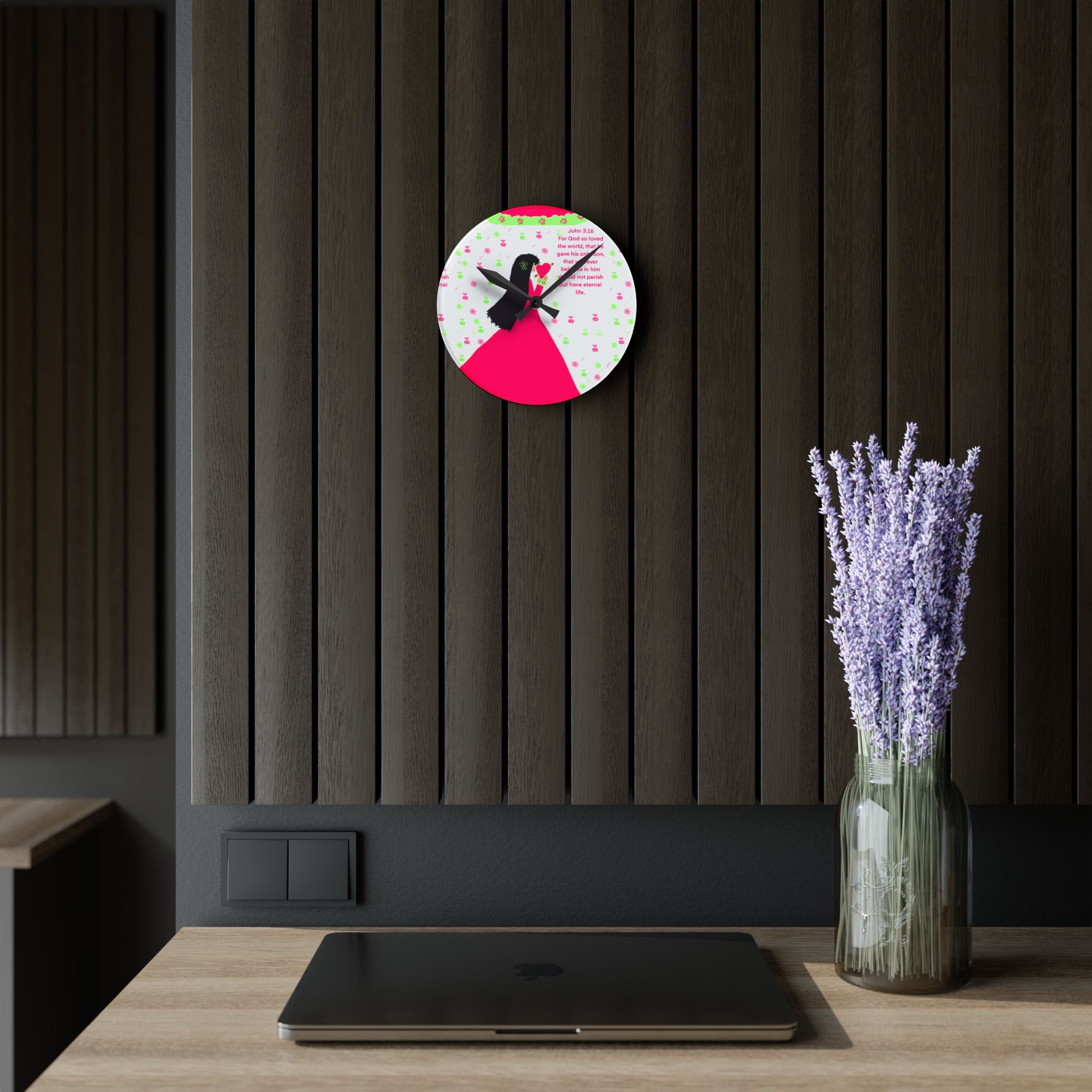 Christian Girl Acrylic Wall Clock — John 3:16 Floral Prayer Design