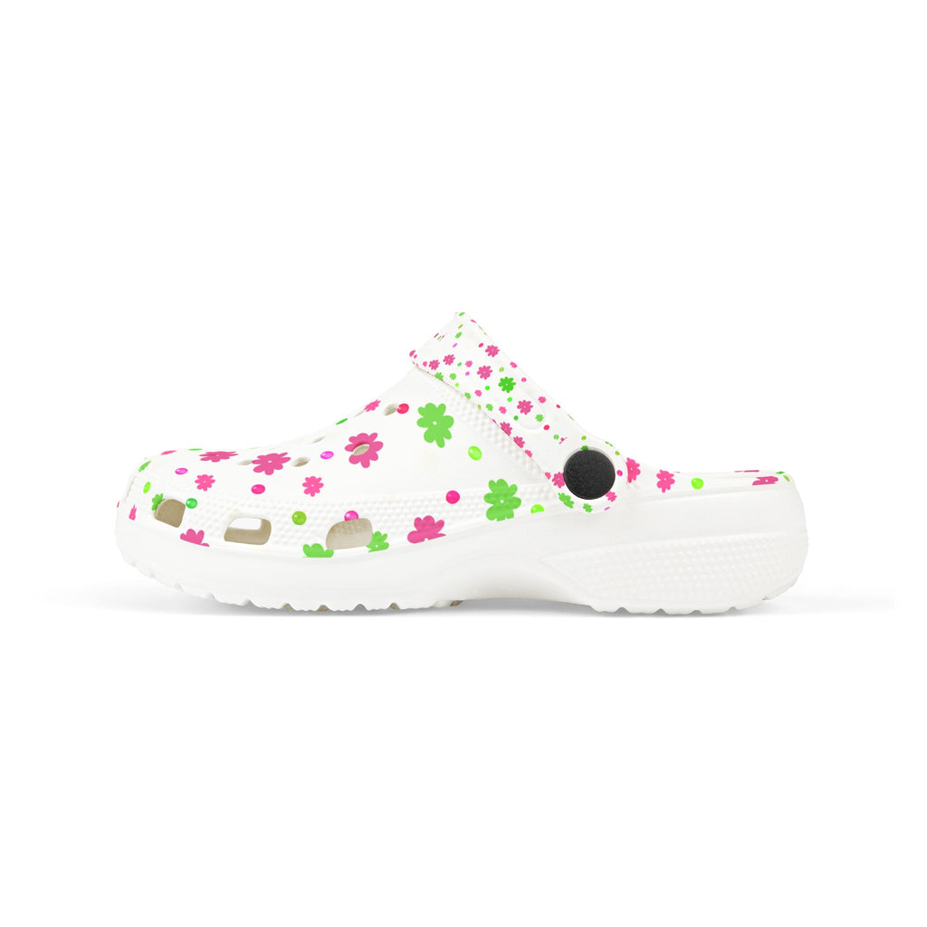 Kids Floral Foam Clogs — White Pink & Green Flower Slip-On Shoes