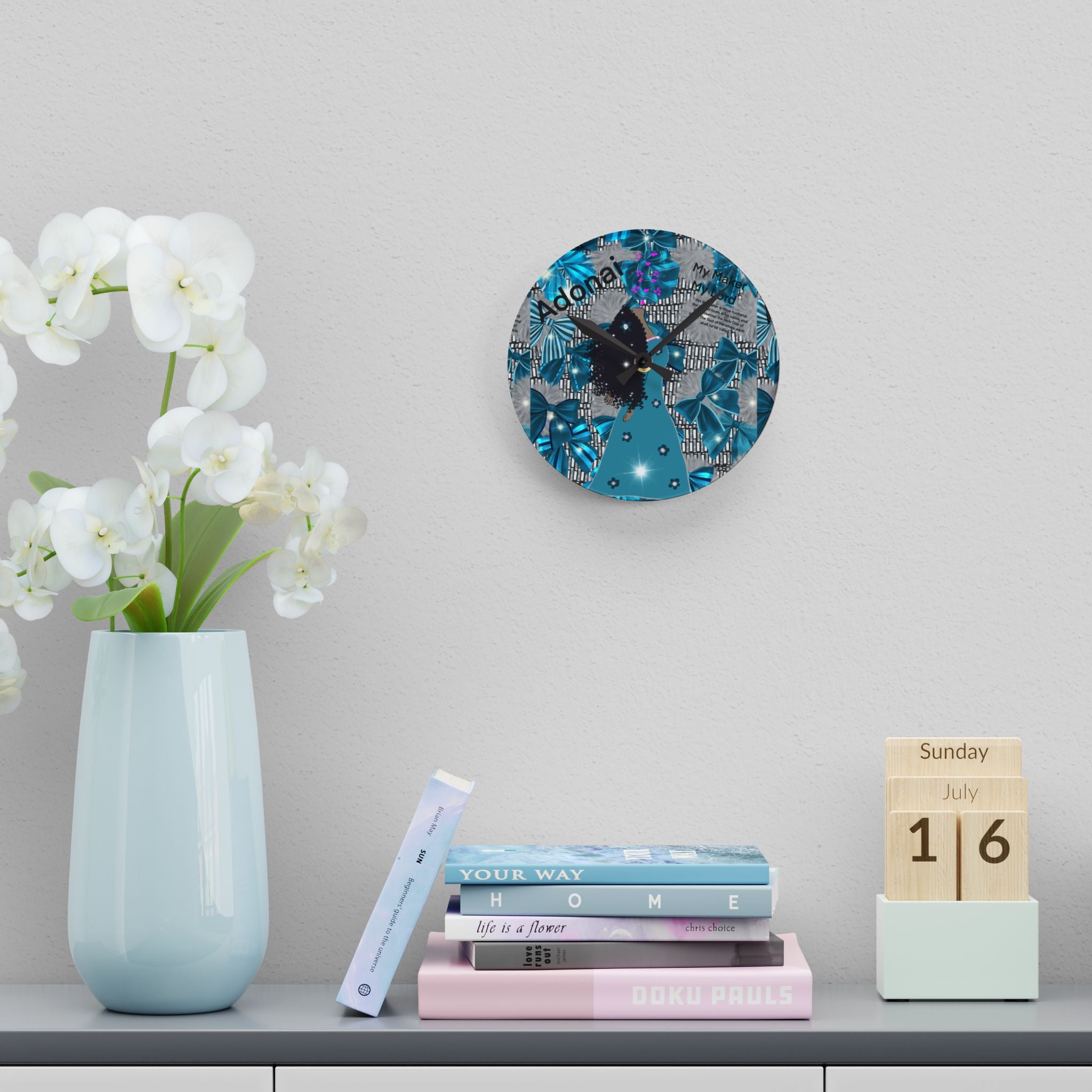 Acrylic Wall Clock — Teal Butterfly & Bows Decorative Clock