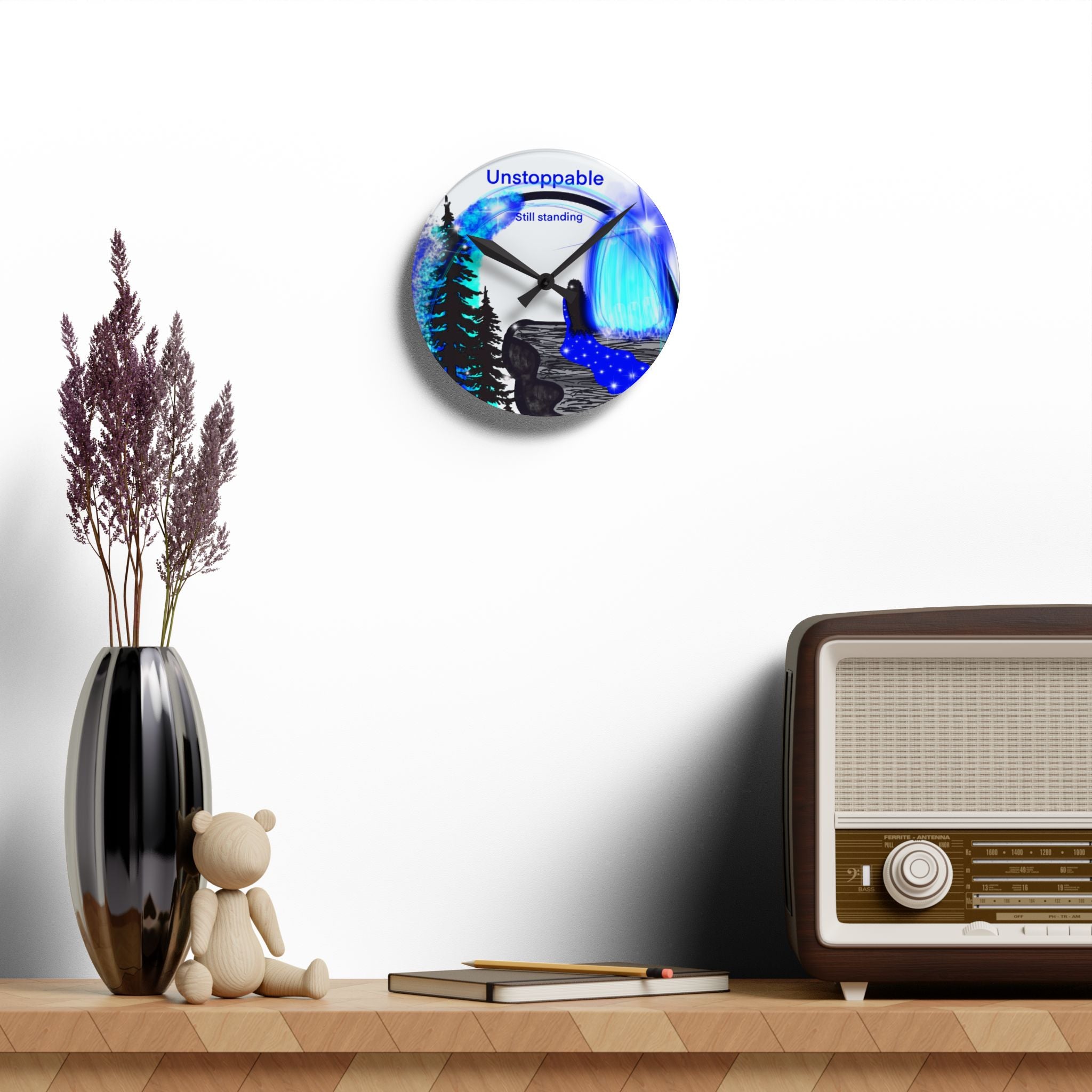Unstoppable 'Still Standing' Acrylic Wall Clock – Inspirational Blue Forest Art