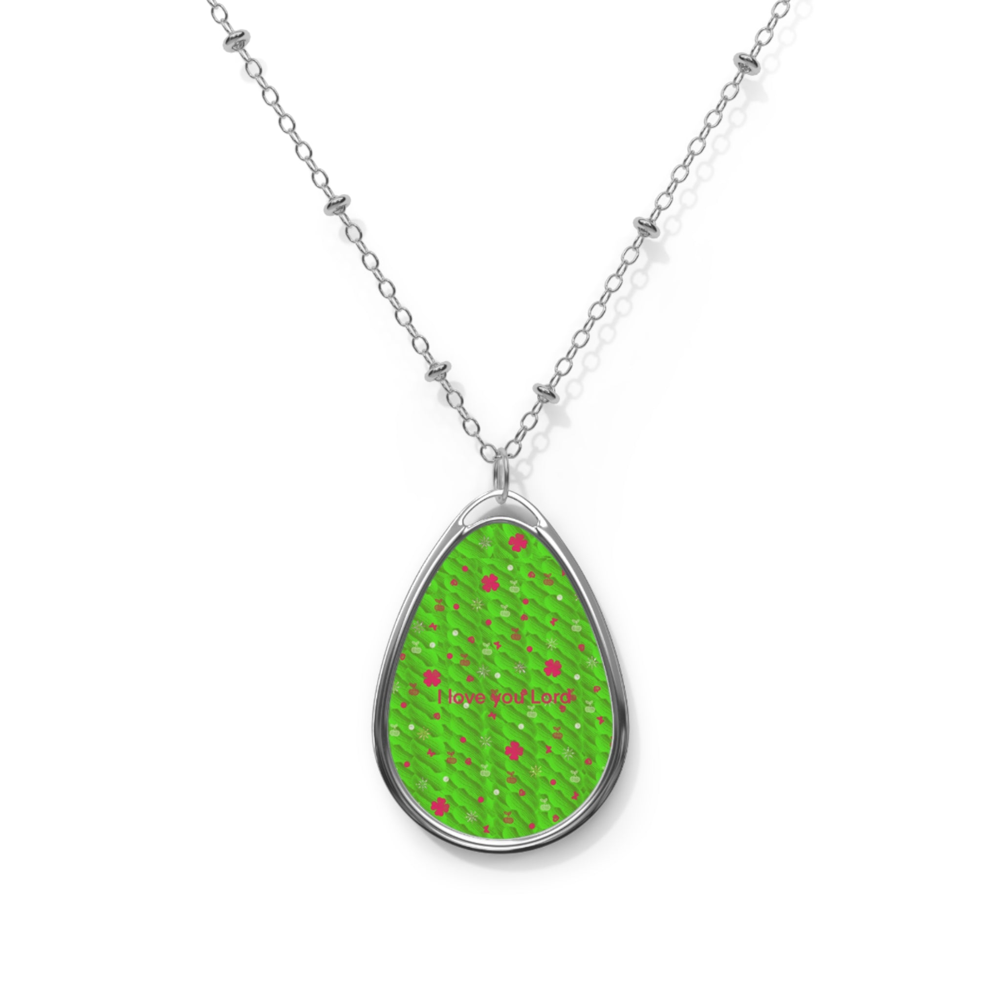 Green Meadow Oval Pendant Necklace — Personalized Teardrop Locket