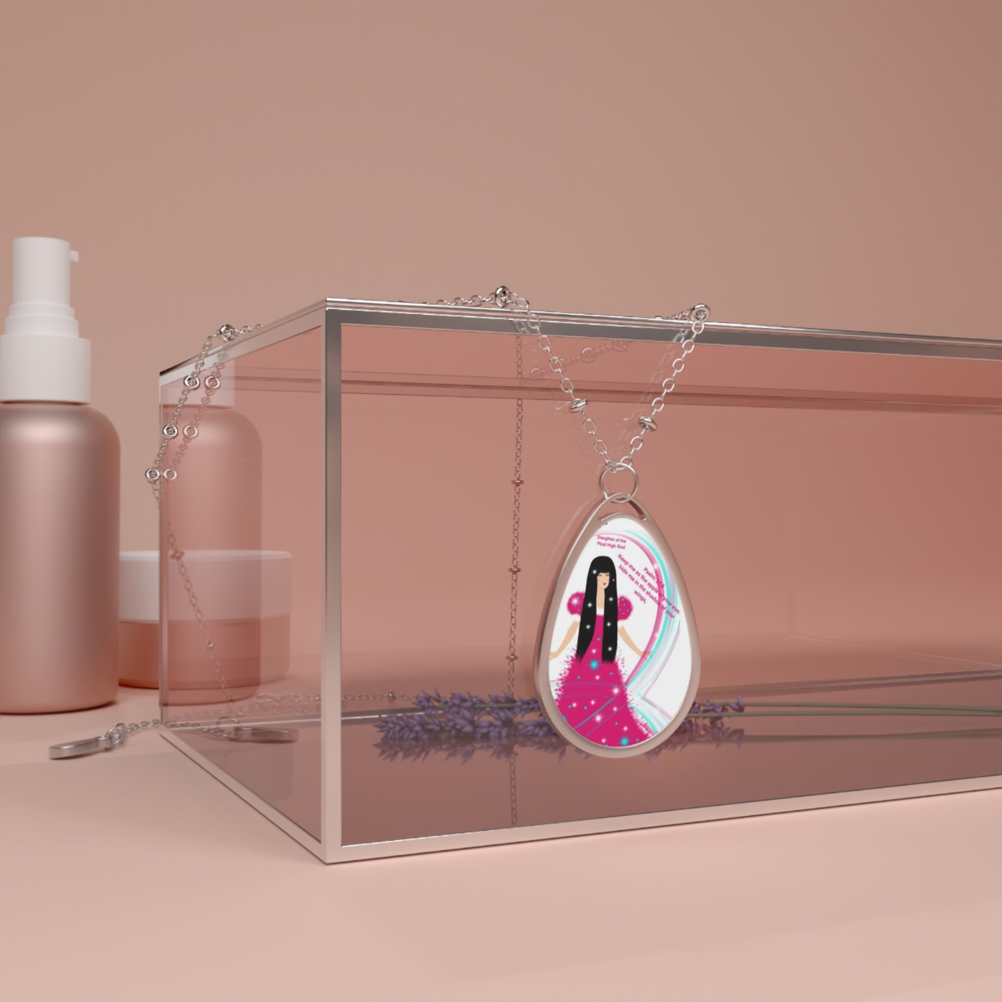 Oval Pendant Necklace — Pink Fairy Illustration Teardrop Locket