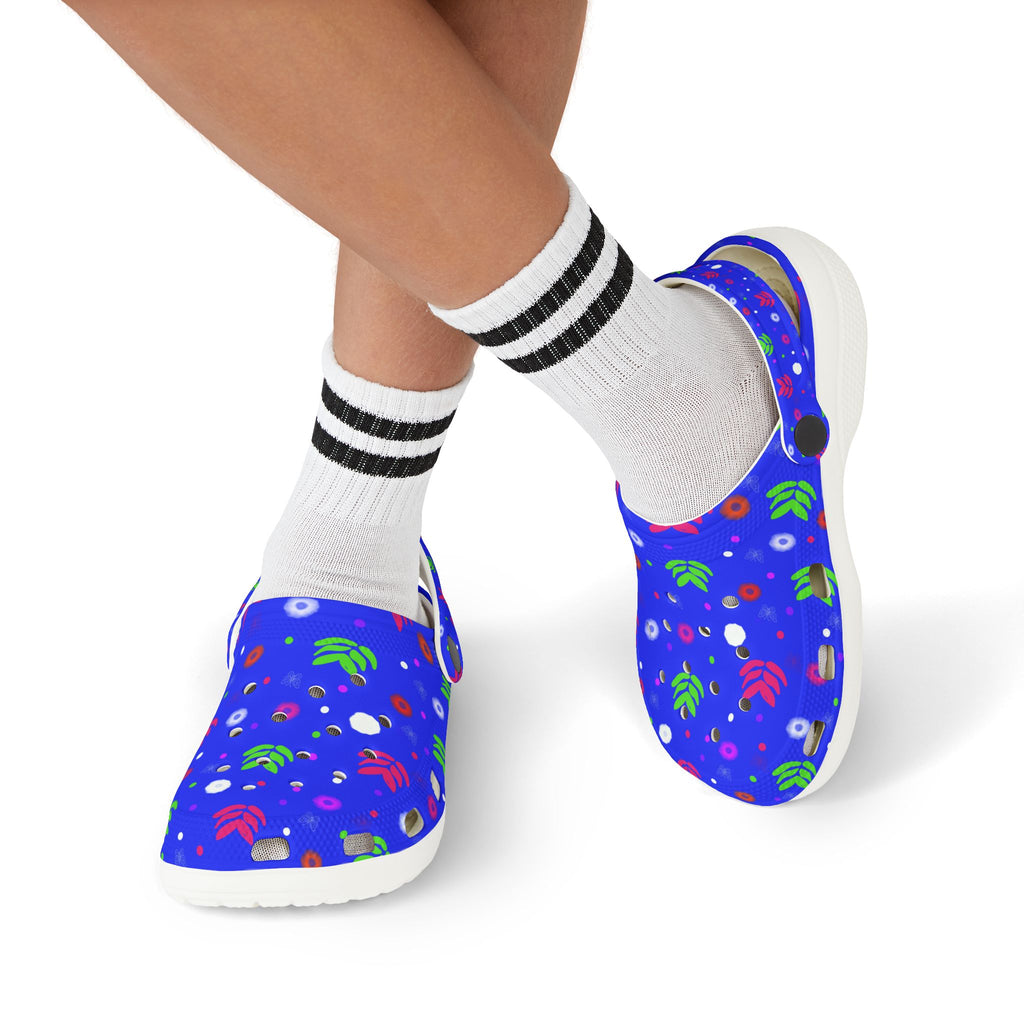 Kids Blue Floral EVA Foam Clogs — Cute Garden Print Slip-On Casual Shoes