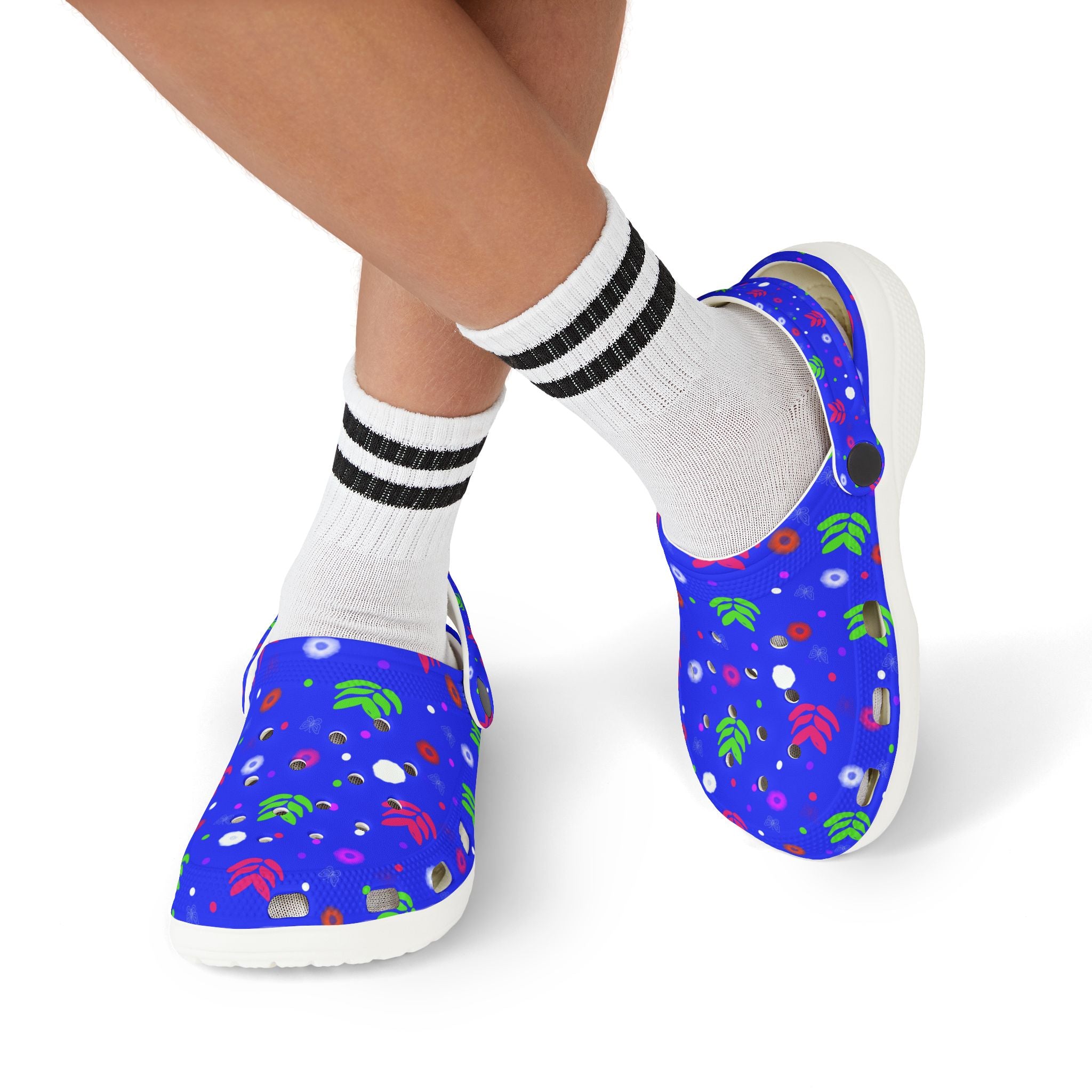 Kids Blue Floral EVA Foam Clogs — Cute Garden Print Slip-On Casual Shoes