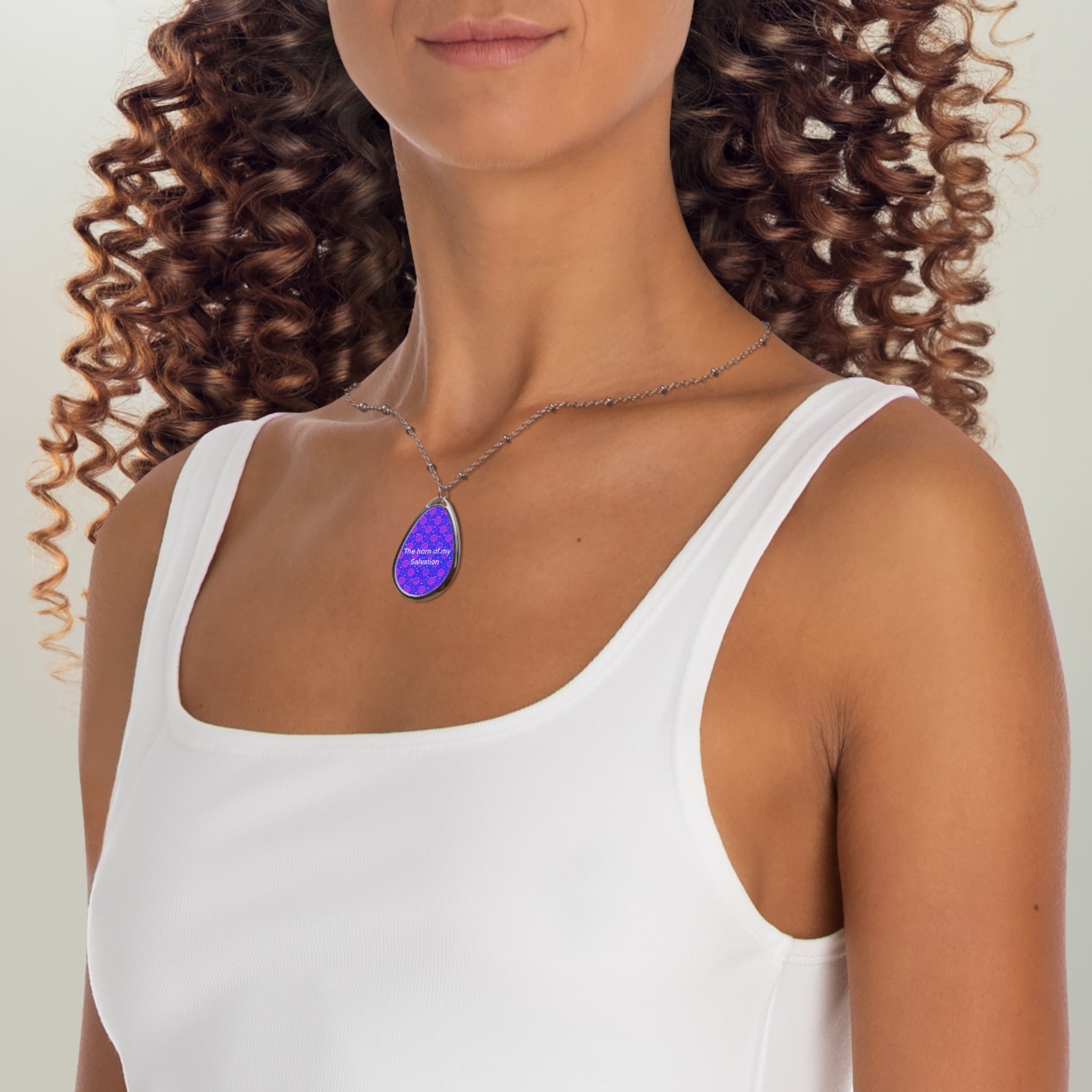 Oval Necklace: "The horn of my Salvation" Floral Teardrop Pendant
