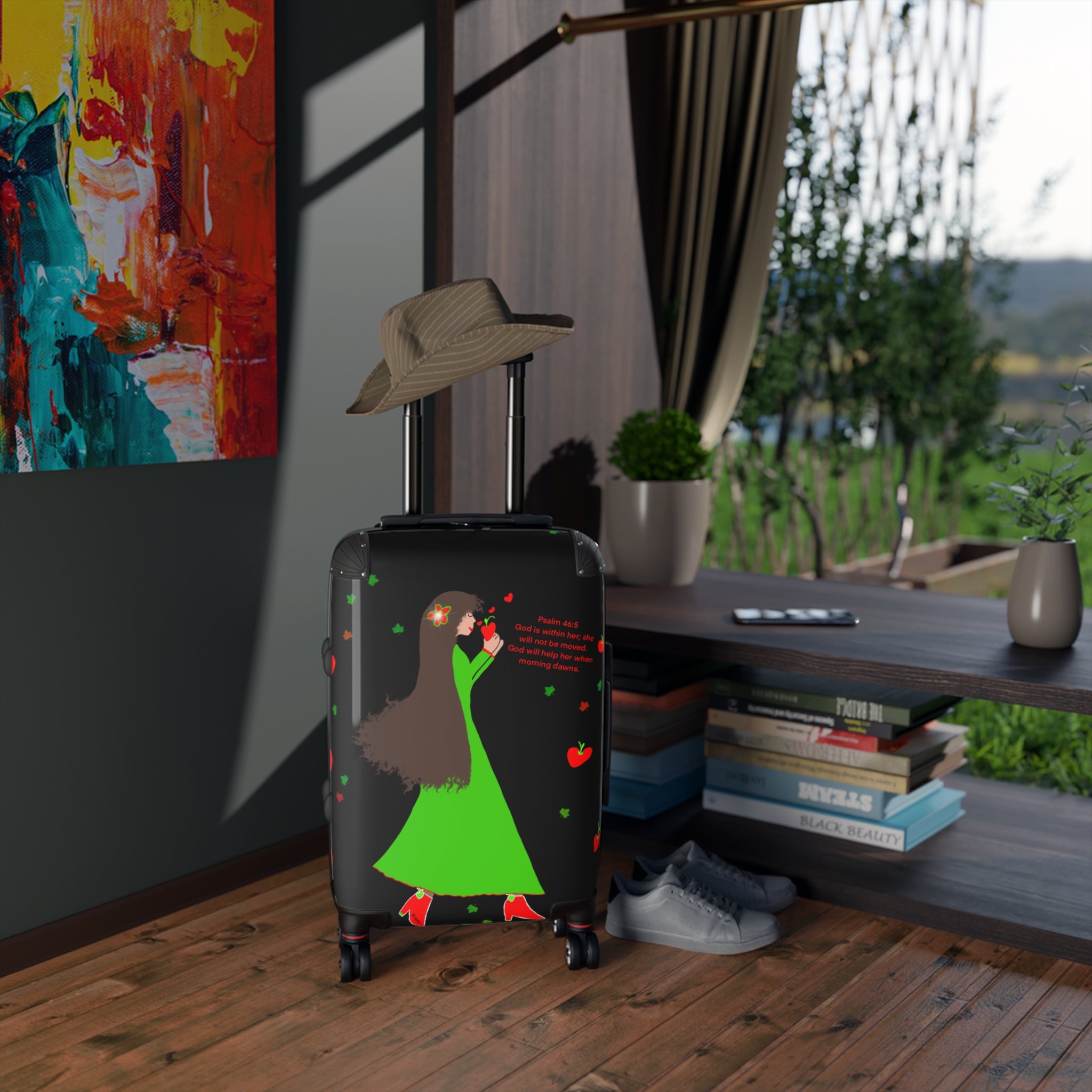 Suitcase — Whimsical Green Dress Traveler Luggage with 'Peace' Design