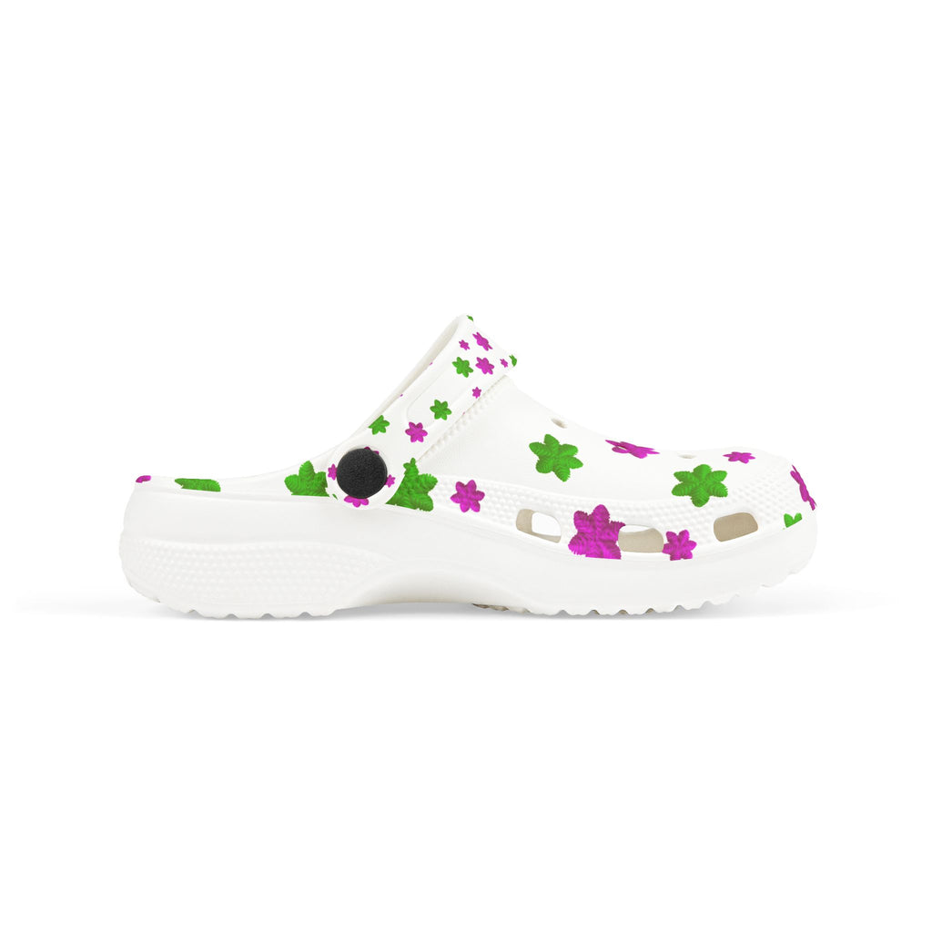 Kids Floral EVA Foam Clogs — White Pink & Green Flower Print