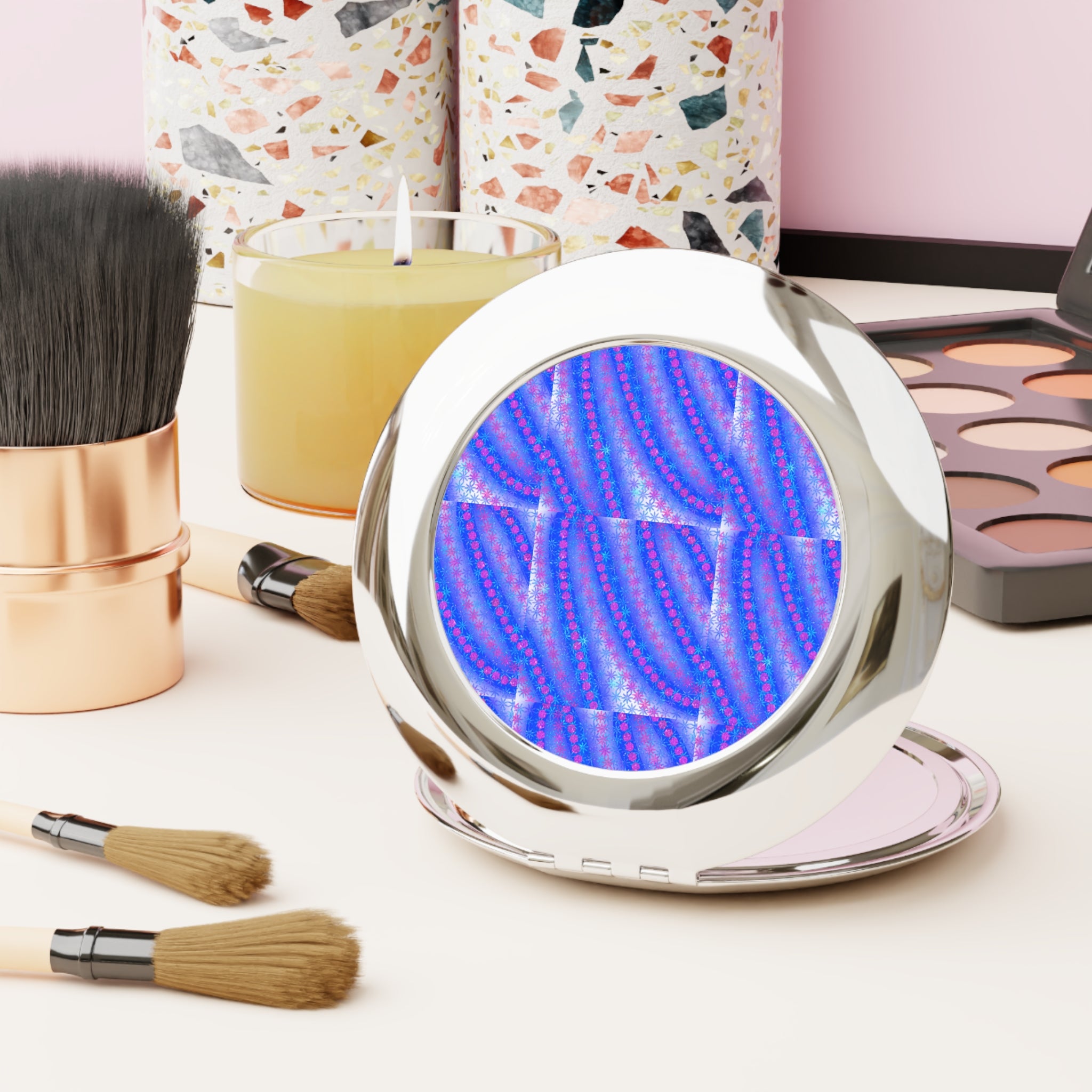 Compact Travel Mirror — Iridescent Blue-Purple Wave Pattern
