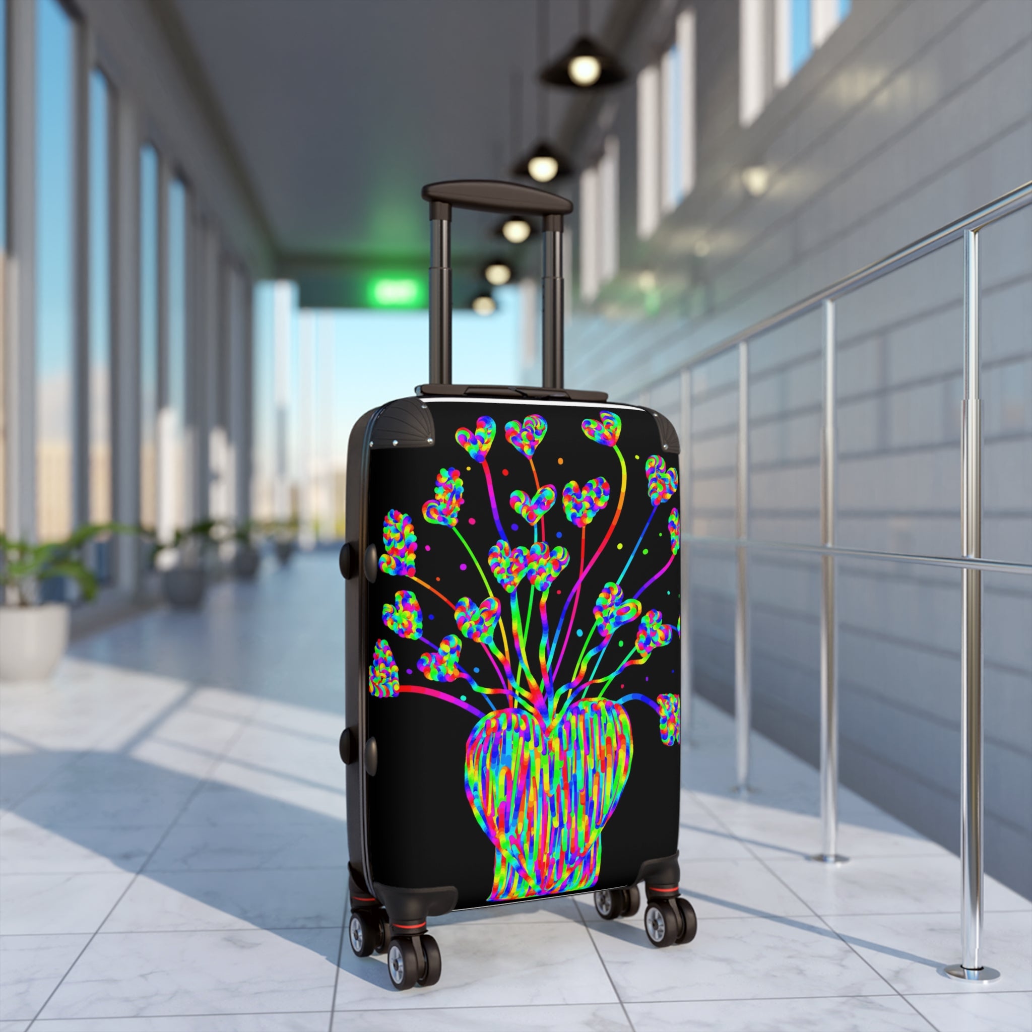 Vibrant Heart Bouquet Carry-On Suitcase — Neon Floral Travel Luggage