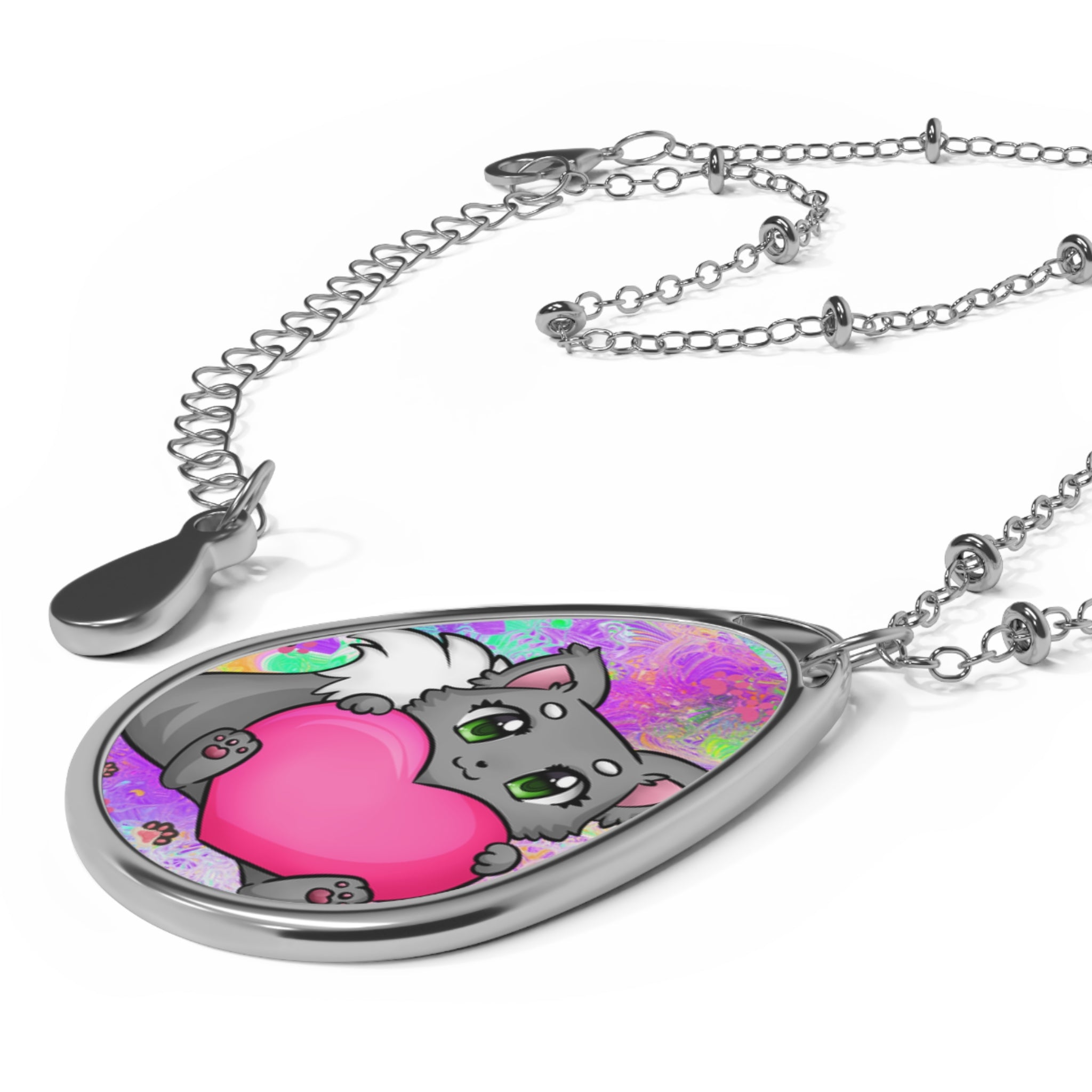 Cute Cat Heart Oval Necklace — Kawaii Cat Pendant Jewelry for Cat Lovers
