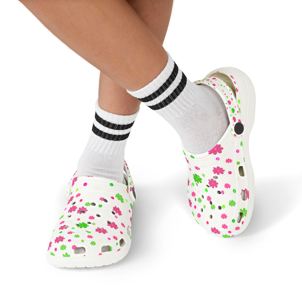 Kids Floral Foam Clogs — White Pink & Green Flower Slip-On Shoes
