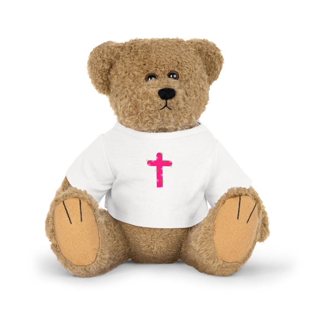 Religious Teddy Bear Plush with Pink Cross T‑Shirt