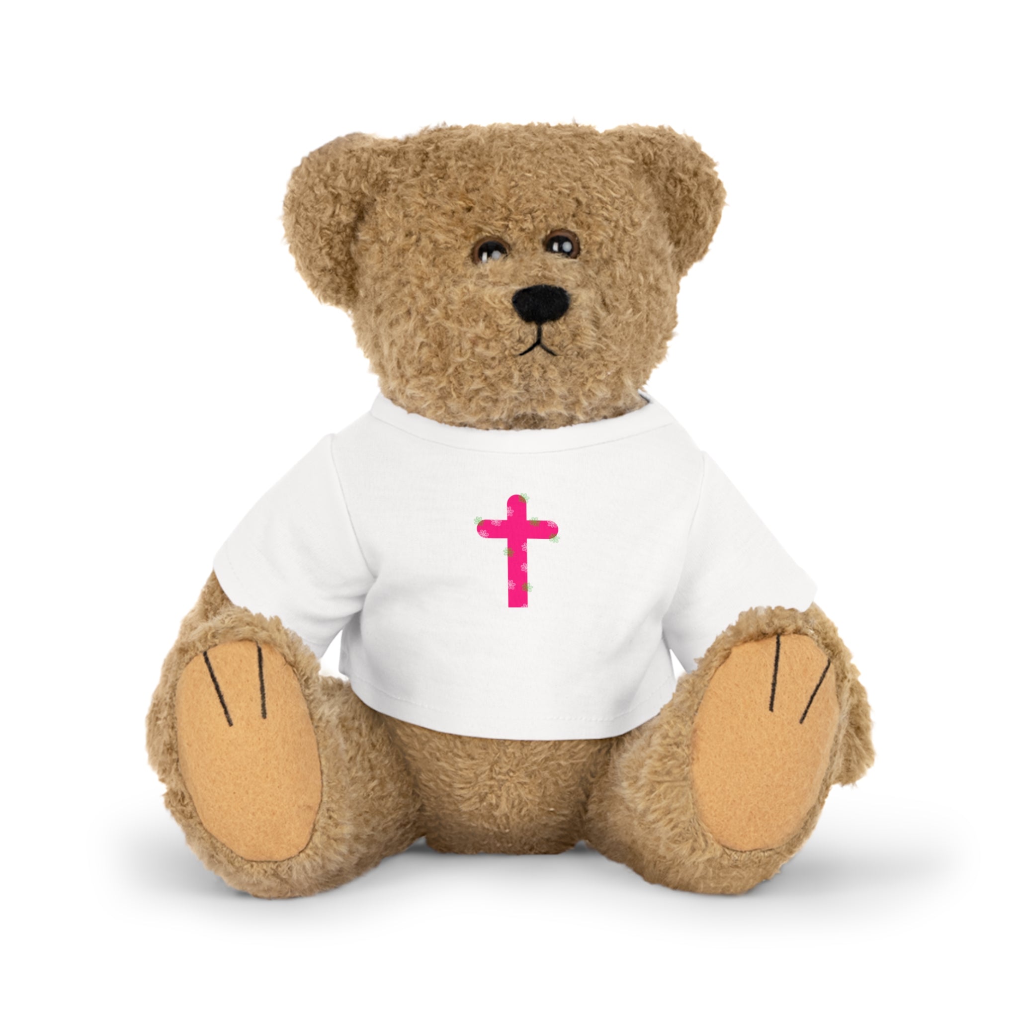 Religious Teddy Bear Plush with Pink Cross T‑Shirt