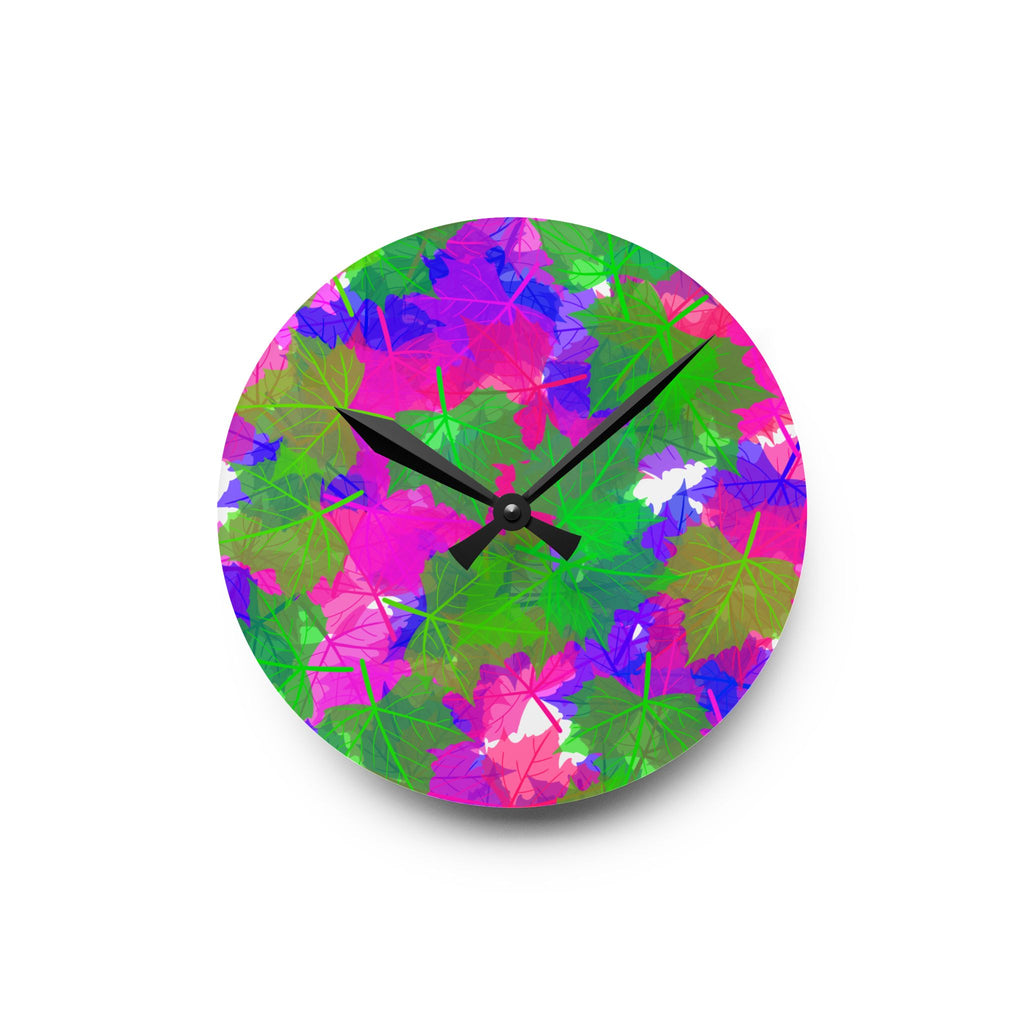 Vibrant Floral Acrylic Wall Clock — Bright Pink & Green Leaf Pattern