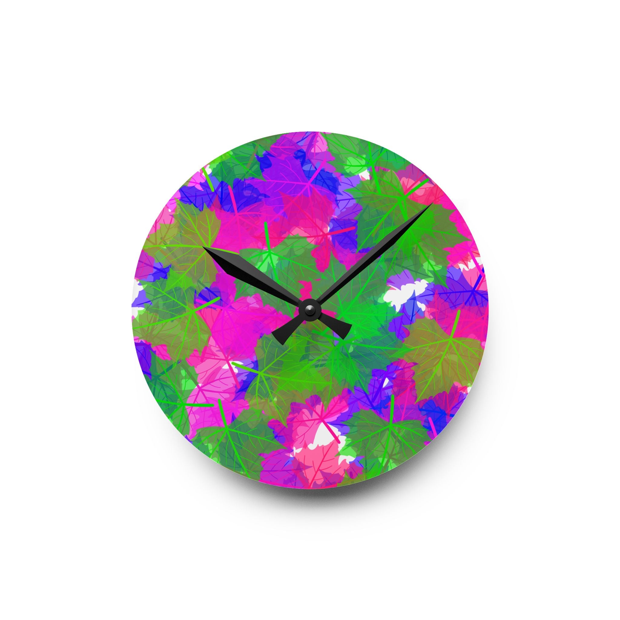 Vibrant Floral Acrylic Wall Clock — Bright Pink & Green Leaf Pattern