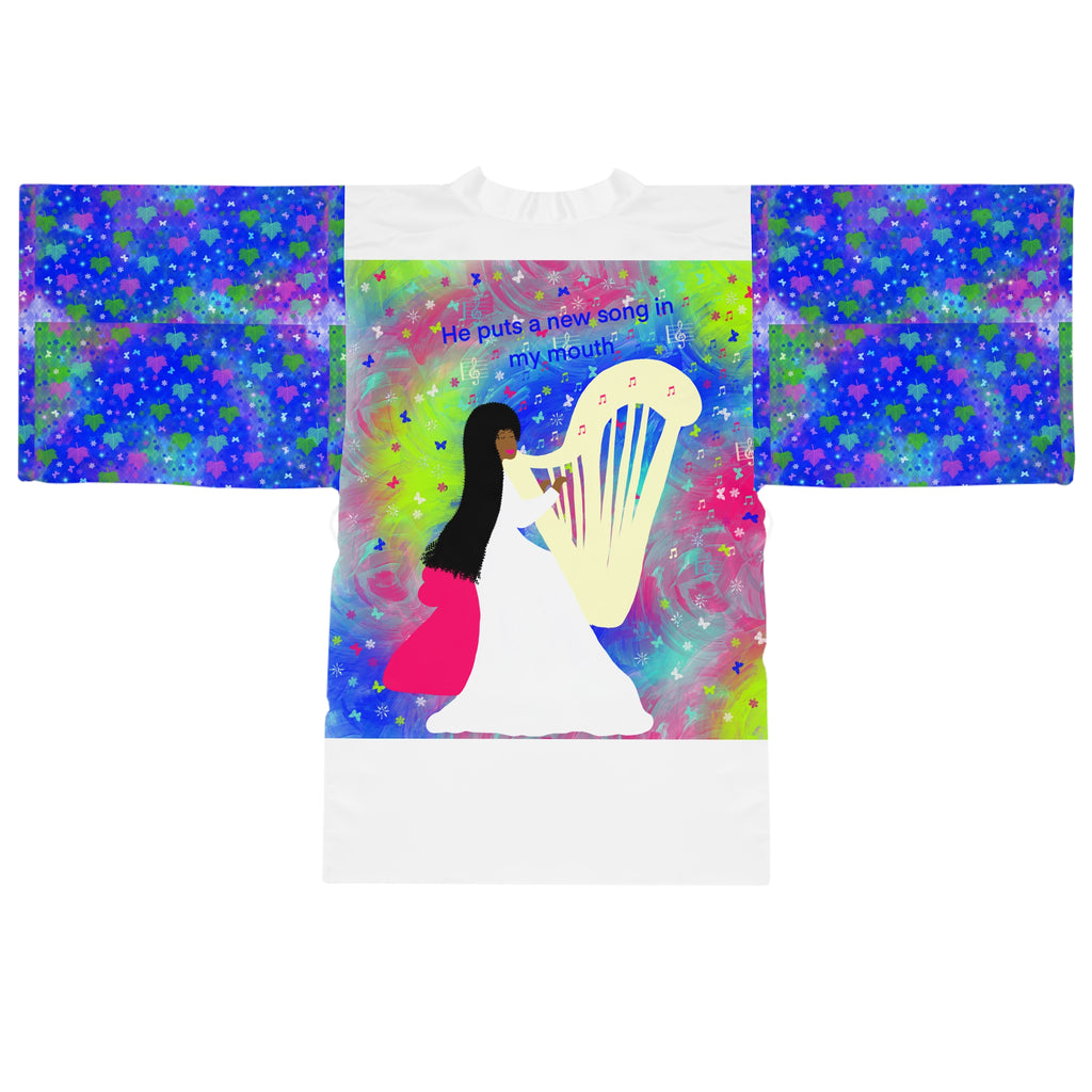 Women’s Kimono Robe — Colorful Harp Girl "He puts a new song in my mouth" AOP