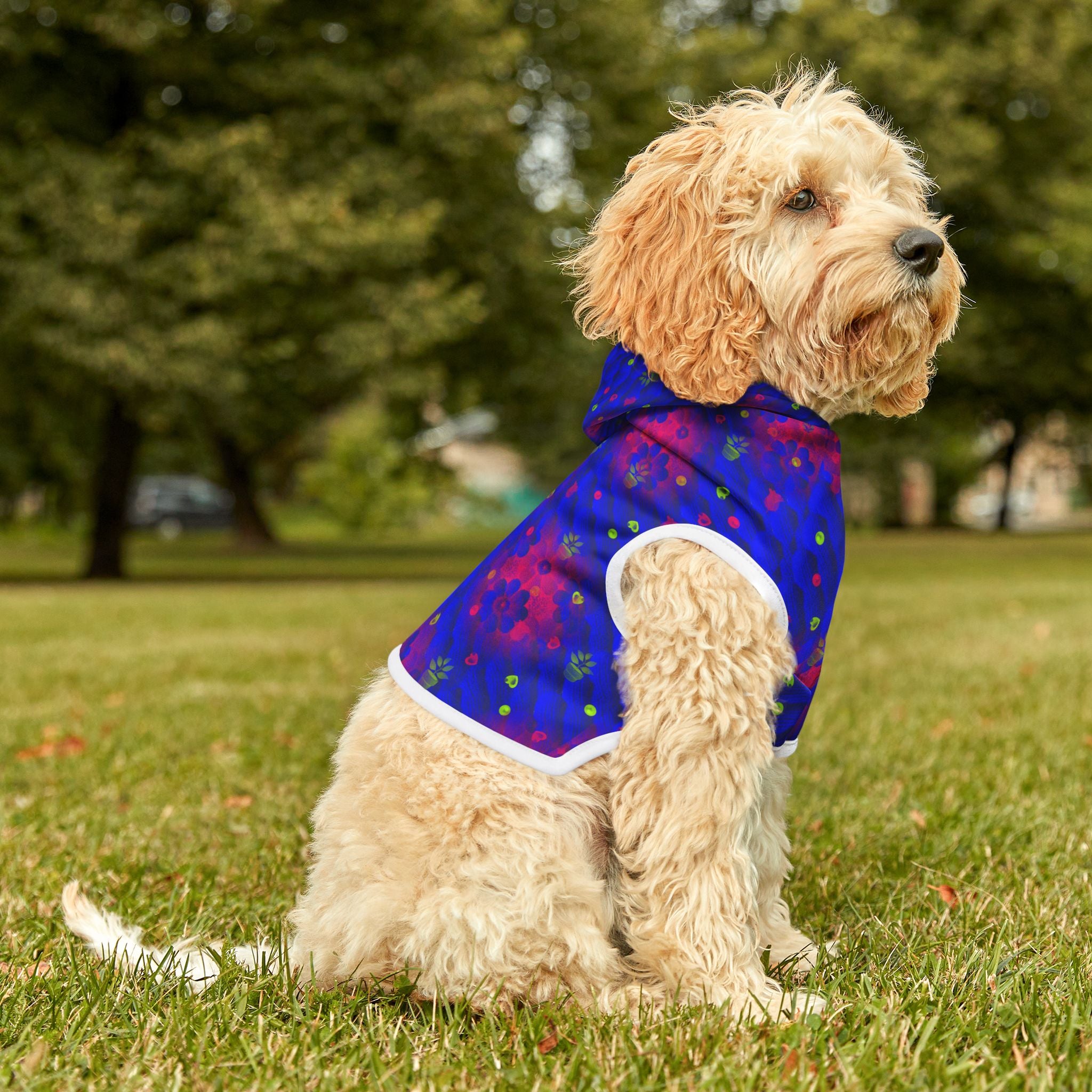 Floral Night Sky Pet Hoodie — Blue & Pink Paw Print Dog Hoodie