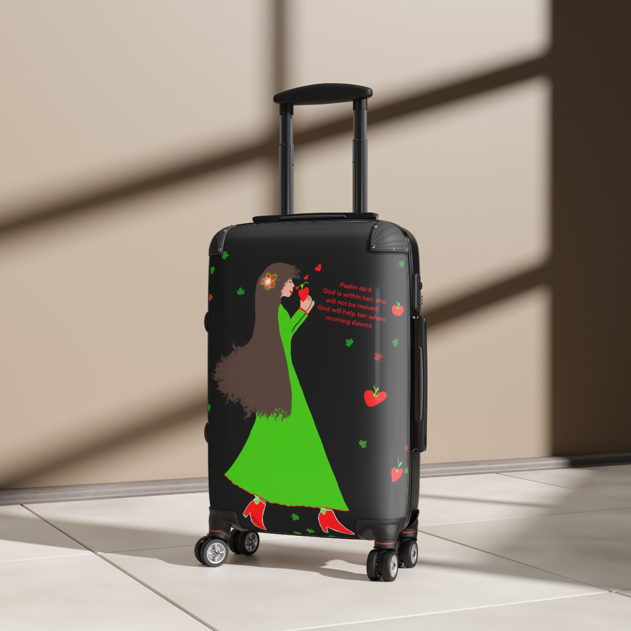 Suitcase — Whimsical Green Dress Traveler Luggage with 'Peace' Design