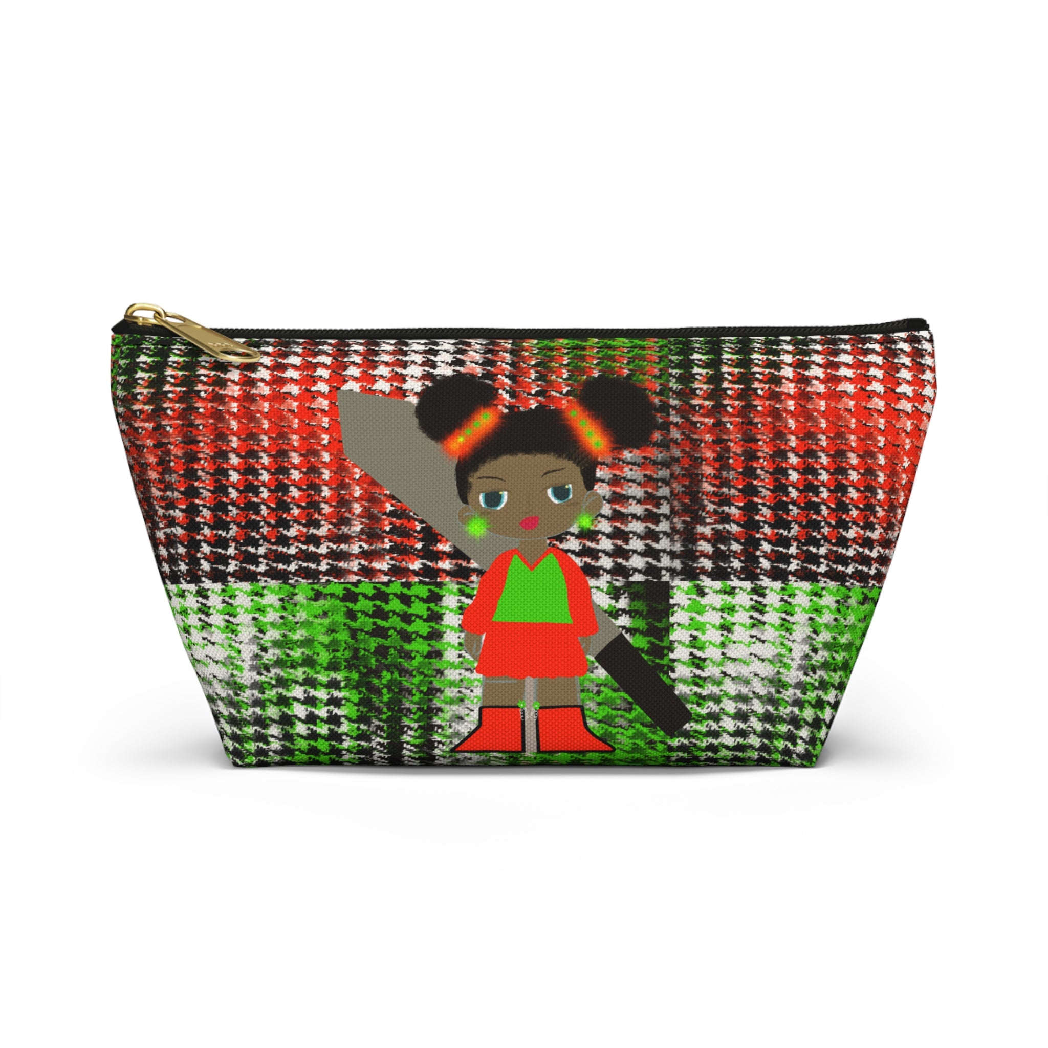 African Girl Pattern Accessory Pouch — Red & Green Houndstooth T-Bottom Cosmetic Bag