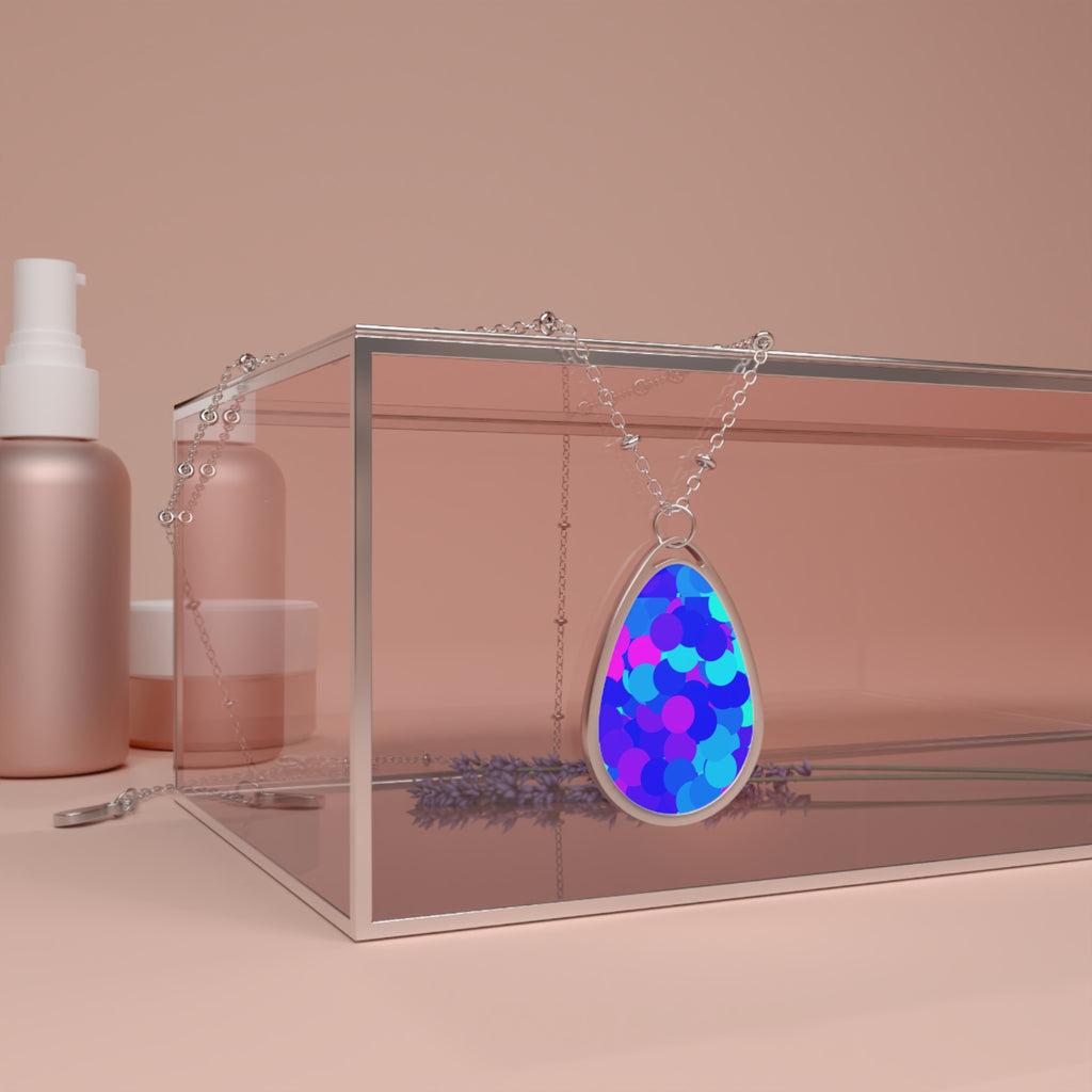 Blue Confetti Oval Necklace — Colorful Teardrop Pendant Necklace