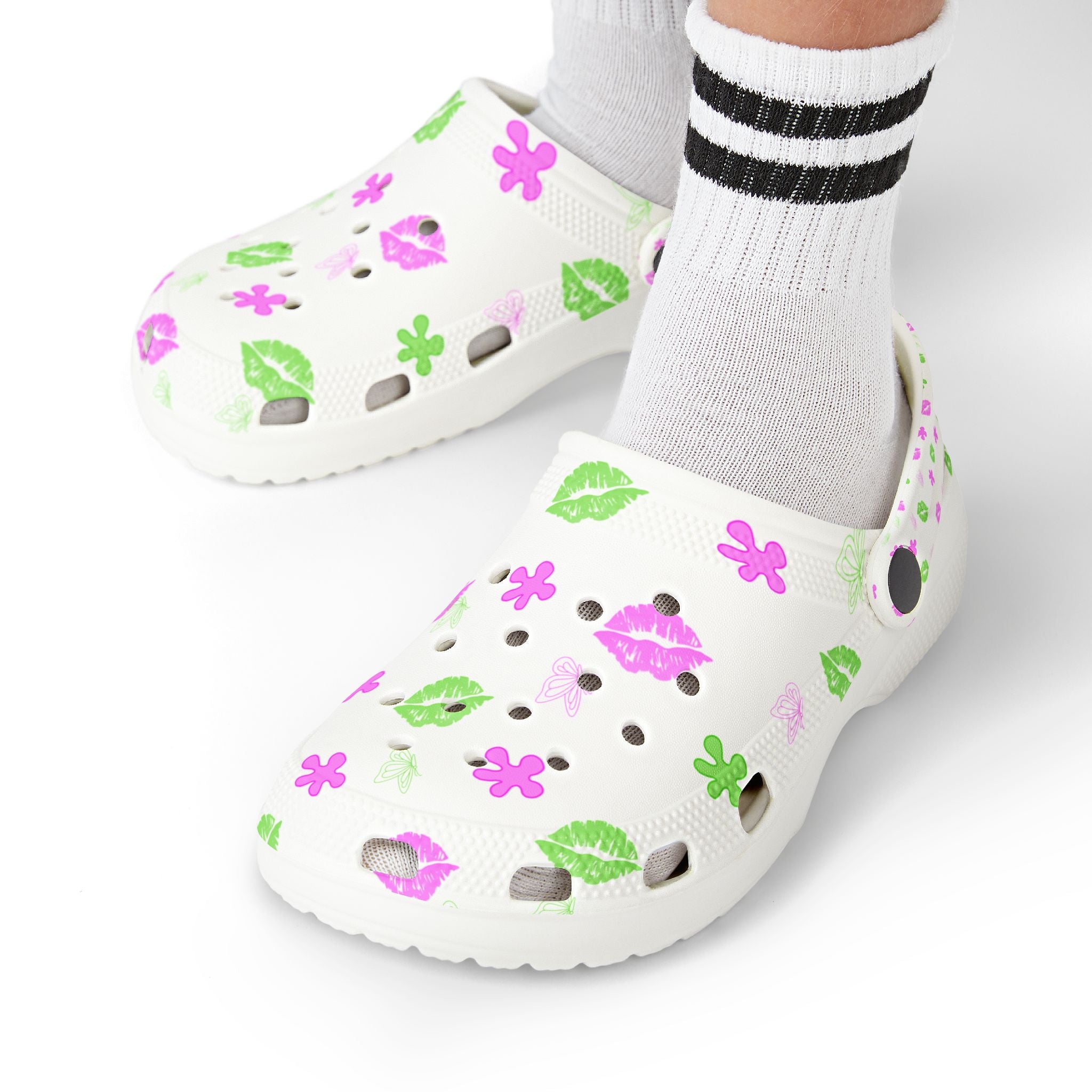 Kids Floral & Lips EVA Foam Clogs — Pink & Green Patterned Slip-On Sandals