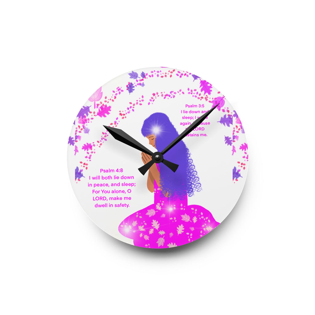 Inspirational Psalm Acrylic Wall Clock — Pink Silhouette Prayer Design