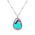 Floral Bird Oval Necklace — Teal Pendant with Purple Blooms