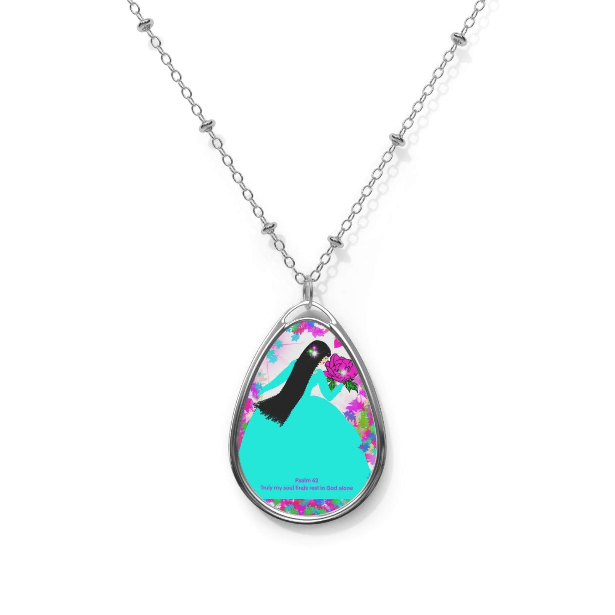 Floral Bird Oval Necklace — Teal Pendant with Purple Blooms