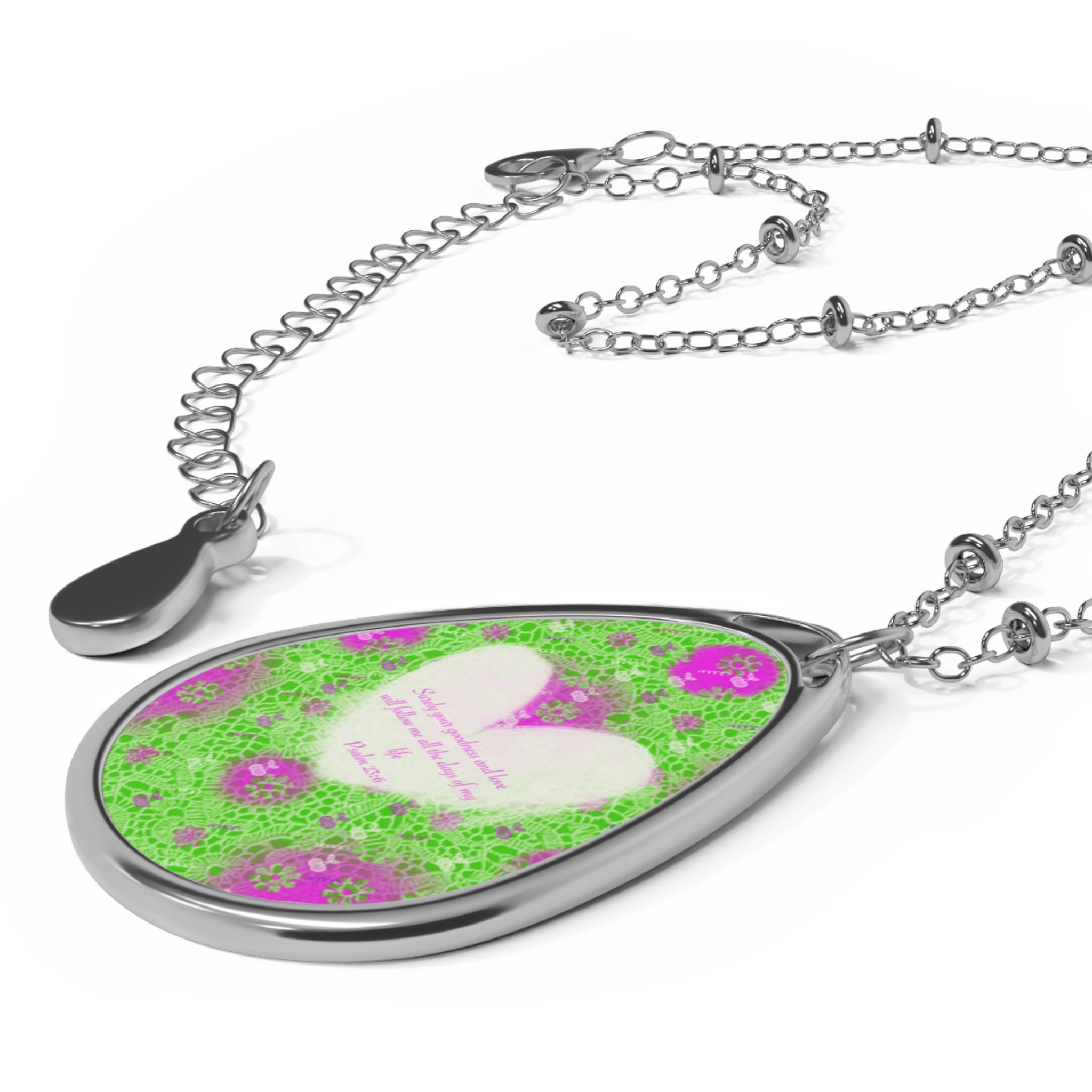 Oval Necklace - Green Floral Heart Teardrop Pendant Necklace